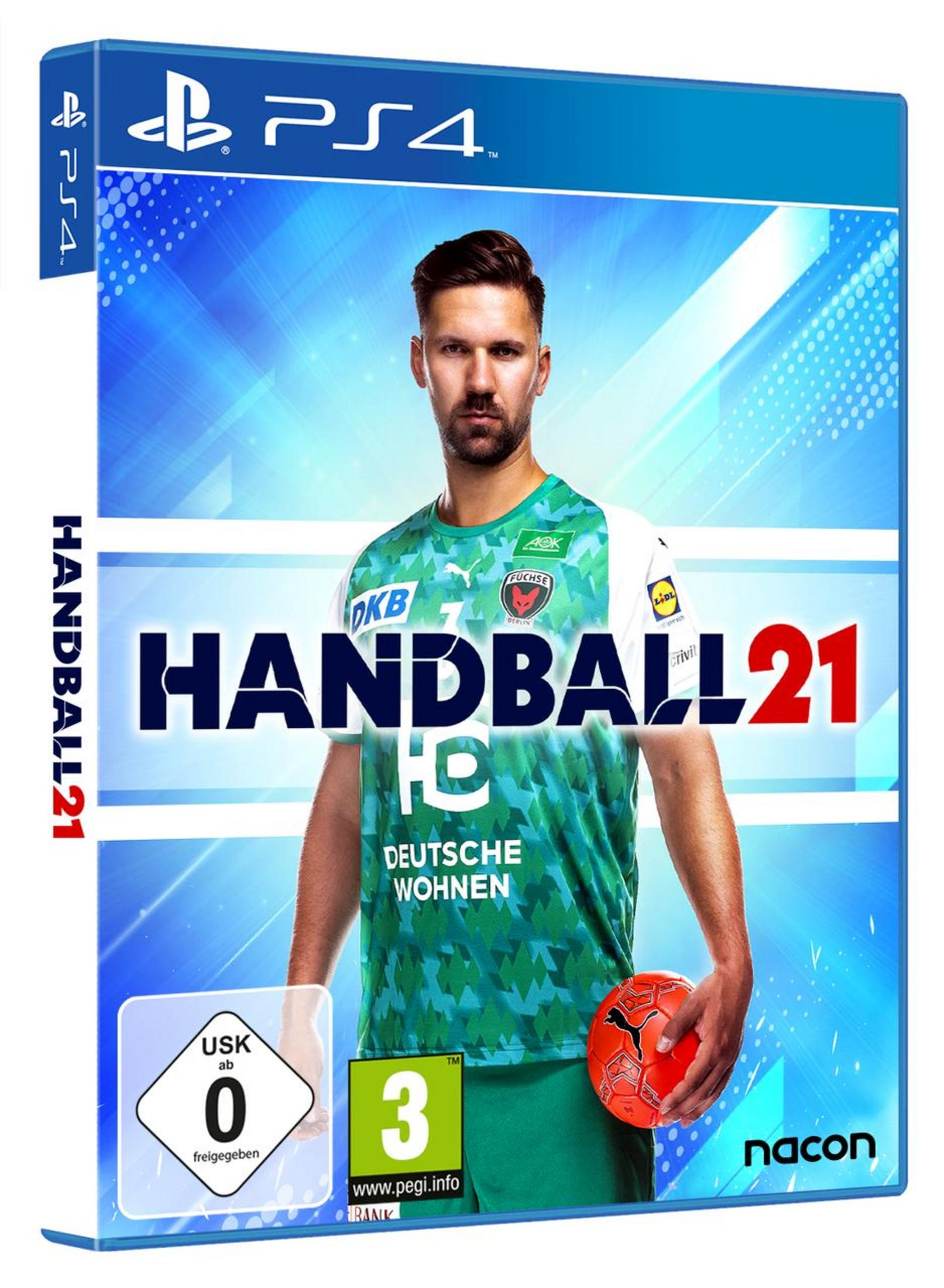 PS4-Spielbox mit einem Mann in einem grünen Trikot, der einen Handball hält. Blauer Hintergrund mit Logos.