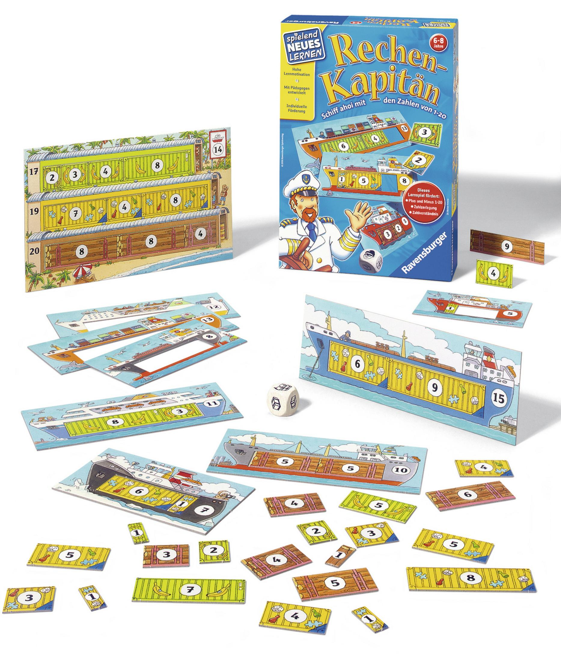Ein Brettspiel mit Schiffen und Zahlen auf Karten und einem Würfel auf weißem Hintergrund. Bunte Illustrationen.