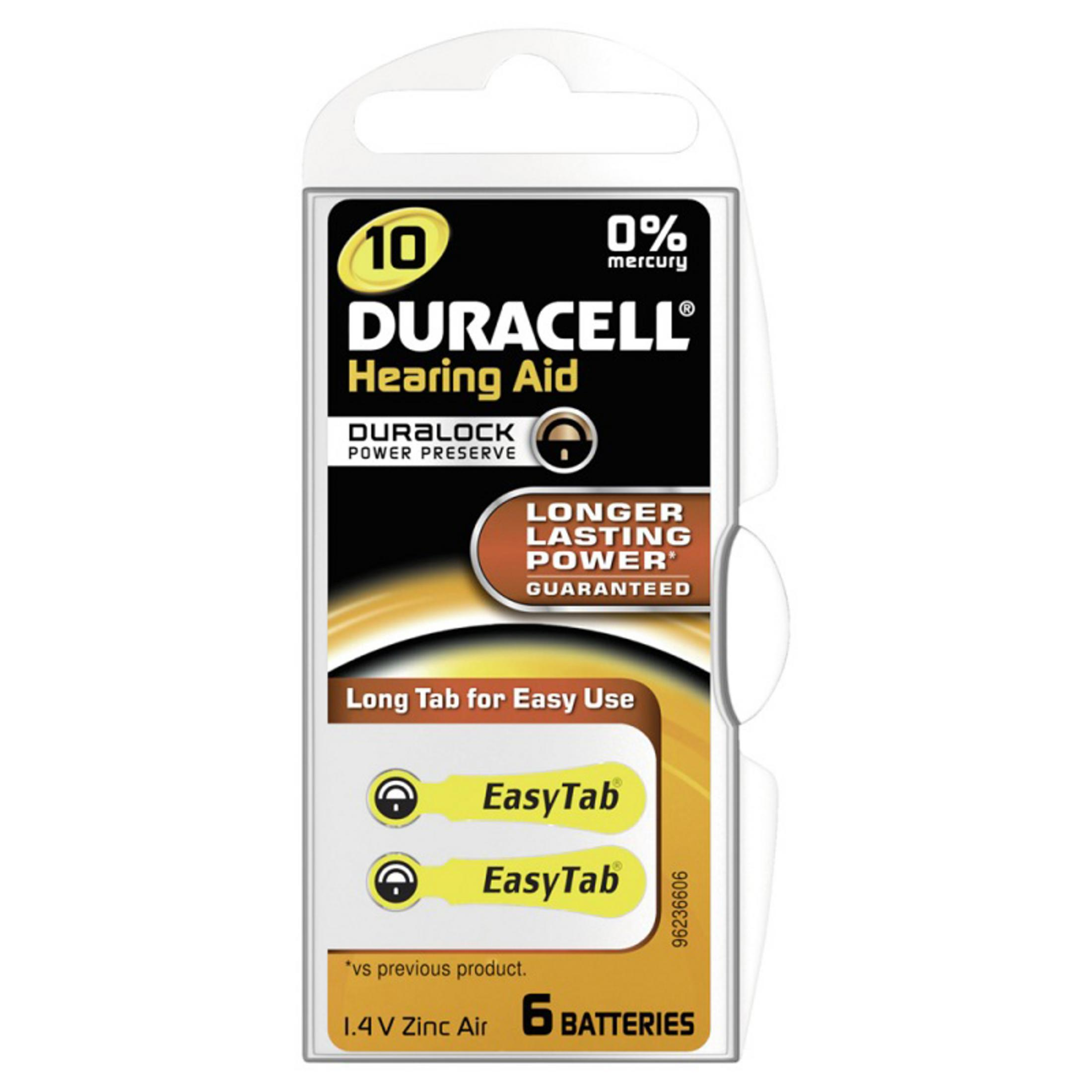 Opakowanie baterii do aparatów słuchowych Duracell. Tekst zawiera "Longer Lasting Power".