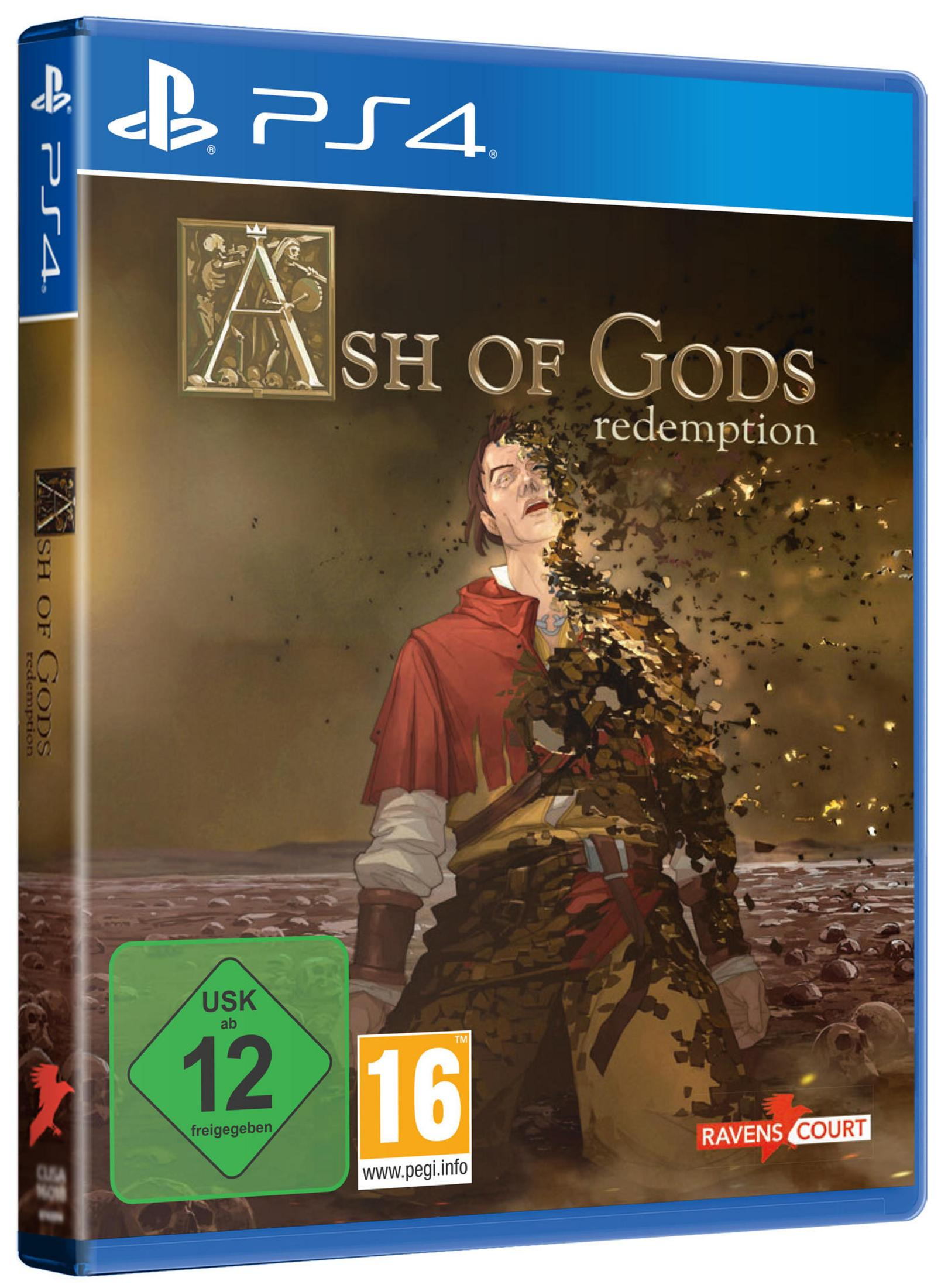 PS4-Spielbox von 'Ash of Gods: Redemption'. Das Cover zeigt einen Mann mit rotem Umhang.