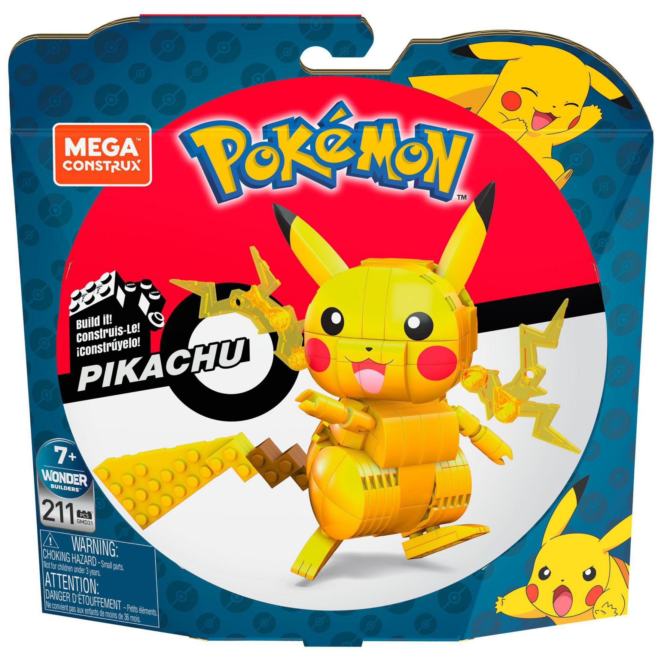 A Pikachu toy made of building blocks, with the packaging in the background.
