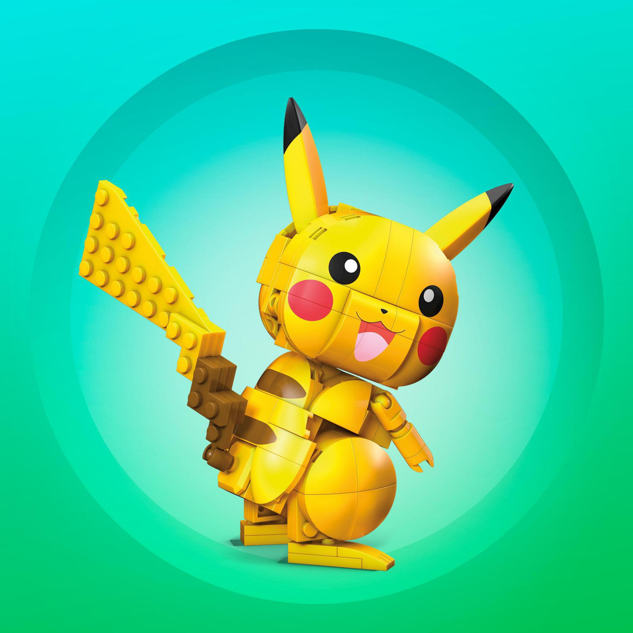 Yellow Pikachu Lego figure with a green and blue background. The figure is smiling.