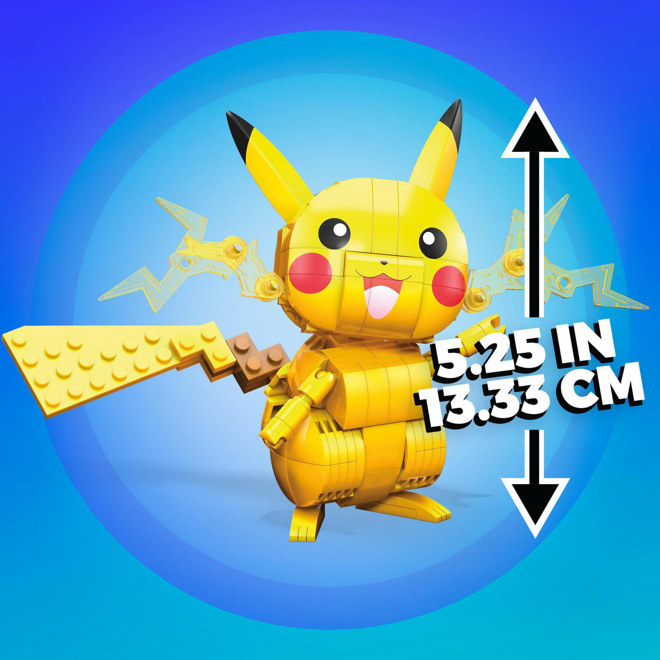 Yellow Pikachu Lego figure, with lightning accessories, on a blue background.