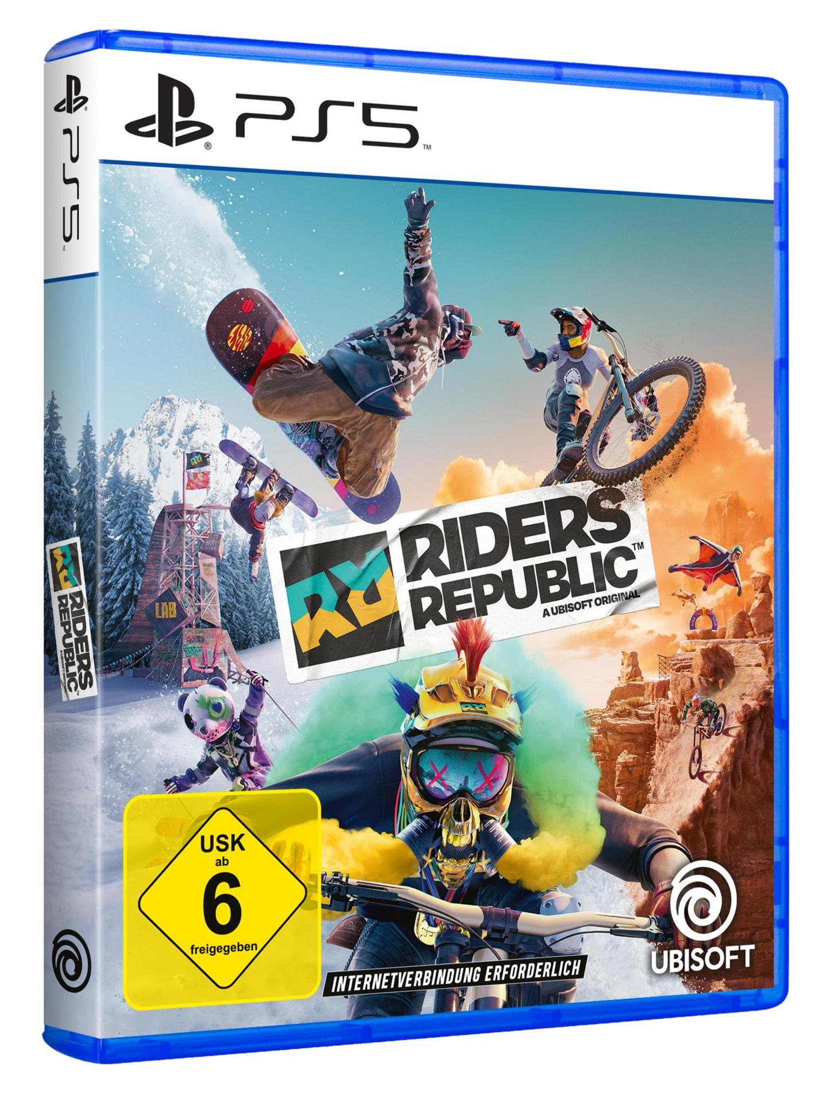 PS5-Spielbox: Riders Republic. Snowboarder in der Luft, Mountainbiker. Schneebedeckte Berge im Hintergrund.
