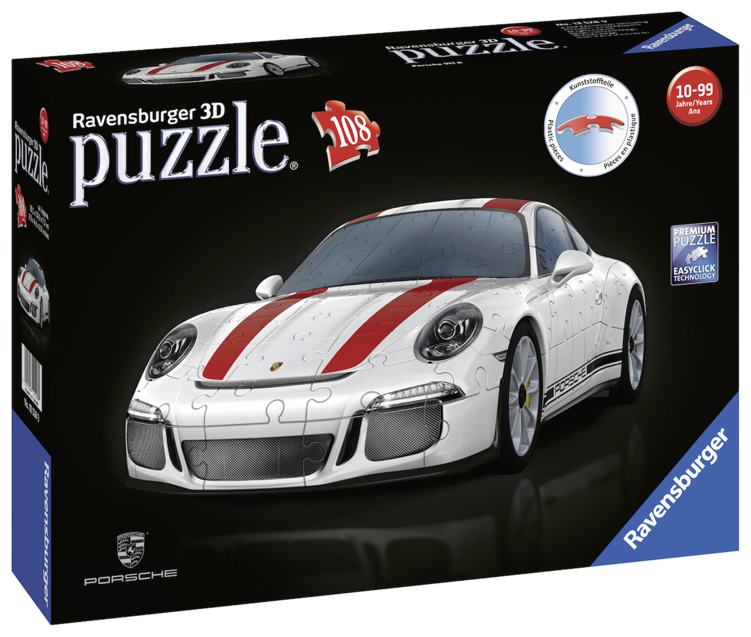 Pudełko z puzzlami 3D z białym Porsche. Pudełko ma czarne tło.