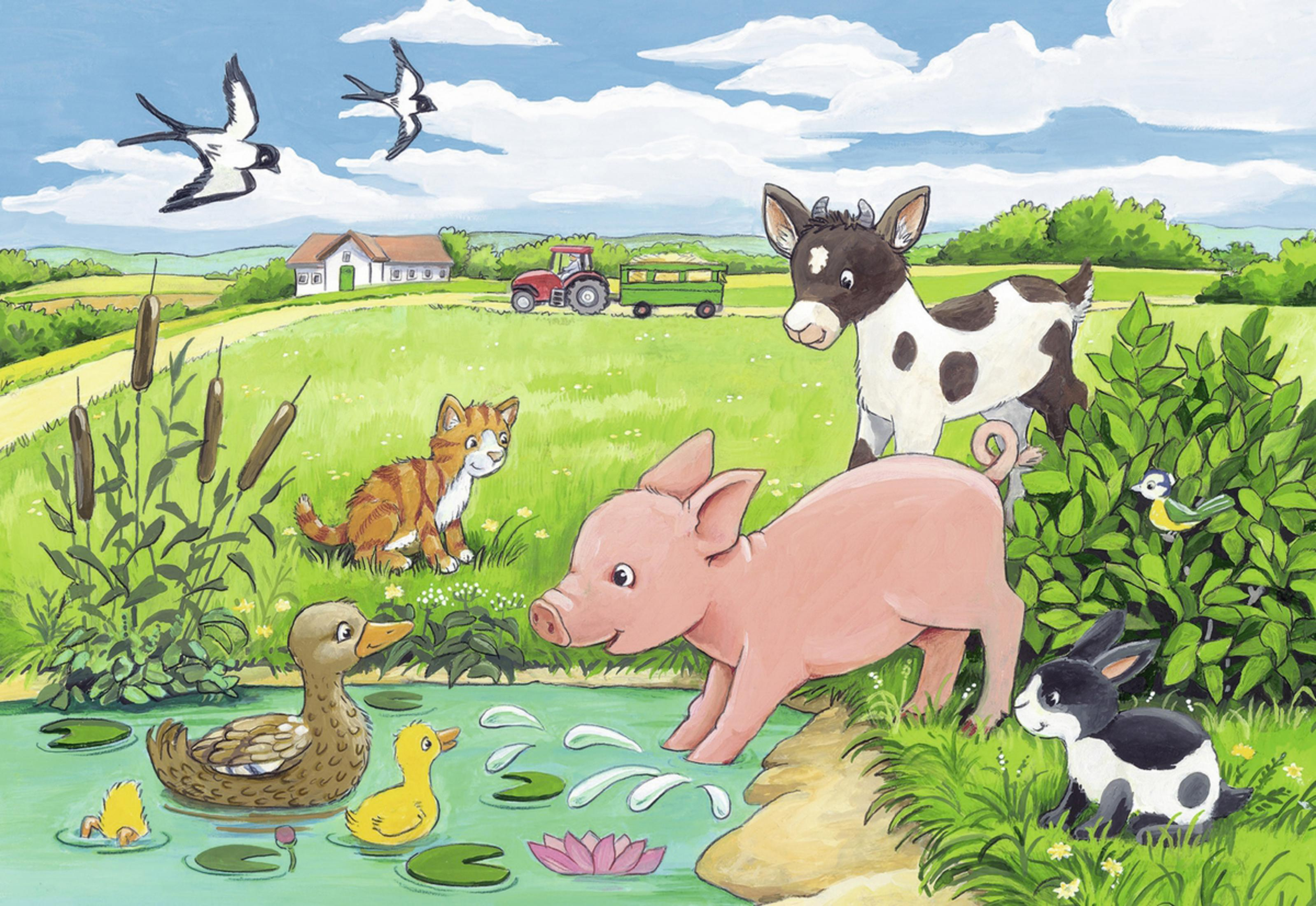 Zeichentrickszene mit Bauernhoftieren: Schwein, Katze, Ente und Ziege an einem Teich, mit Vögeln und einem Traktor.