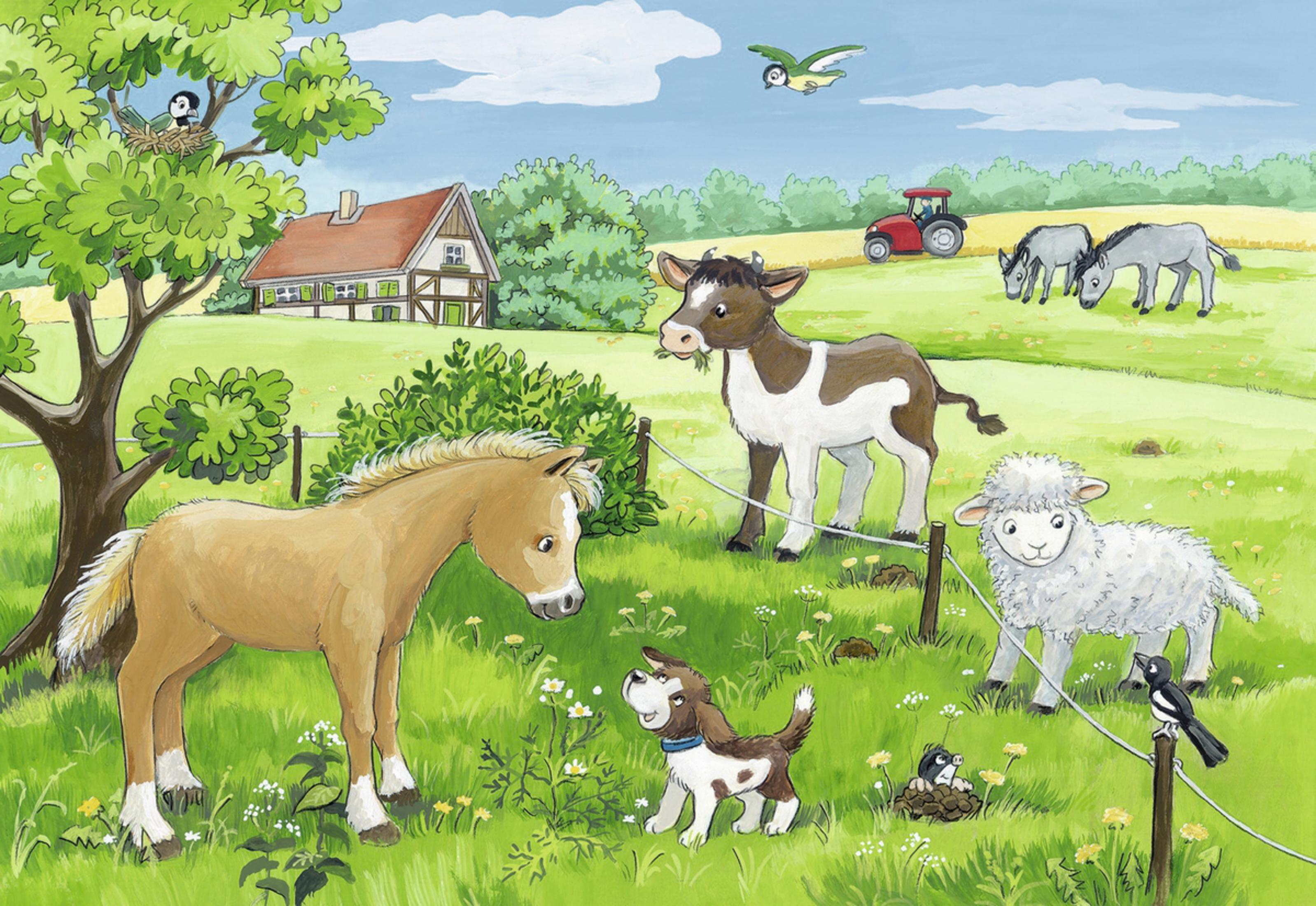 Illustration einer Bauernhofszene mit Tieren: Kuh, Pferd, Schaf, Ziege und Traktor.