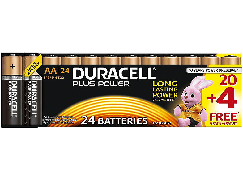 DURACELL 018426 POWER-AA MN1500/LR6 Mignon Stück Batterie, 1.5 Volt Alkaline, AA BP20+4 24