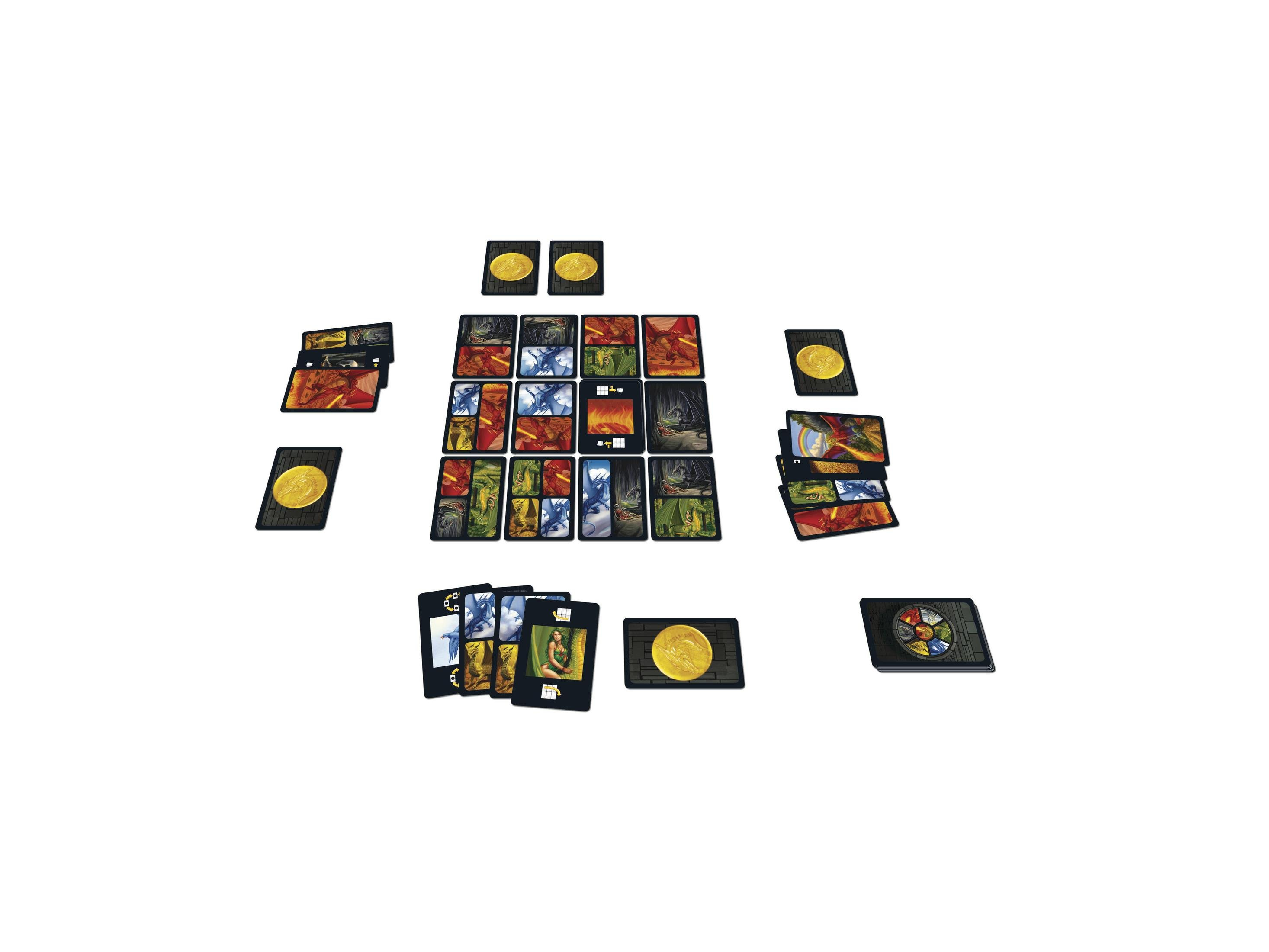 Ein Brettspiel mit Karten und Spielsteinen, auf einer weißen Oberfläche ausgebreitet, Draufsicht.