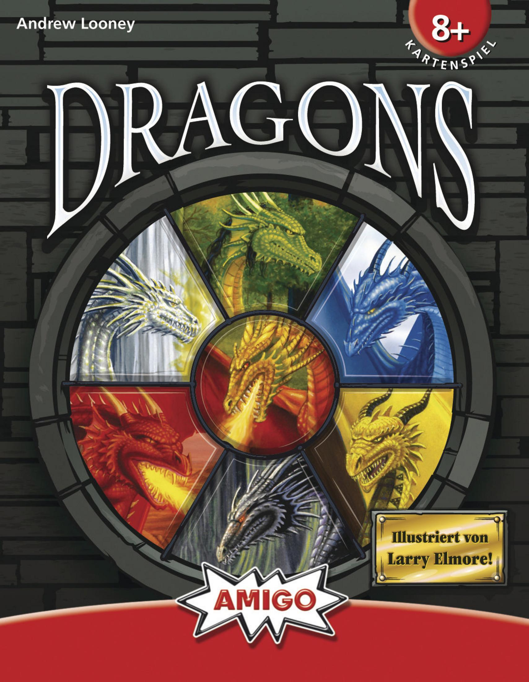 Brettspielbox für 'Dragons' mit rundem Design, das verschiedene farbige Drachen und das Wort 'AMIGO' zeigt.