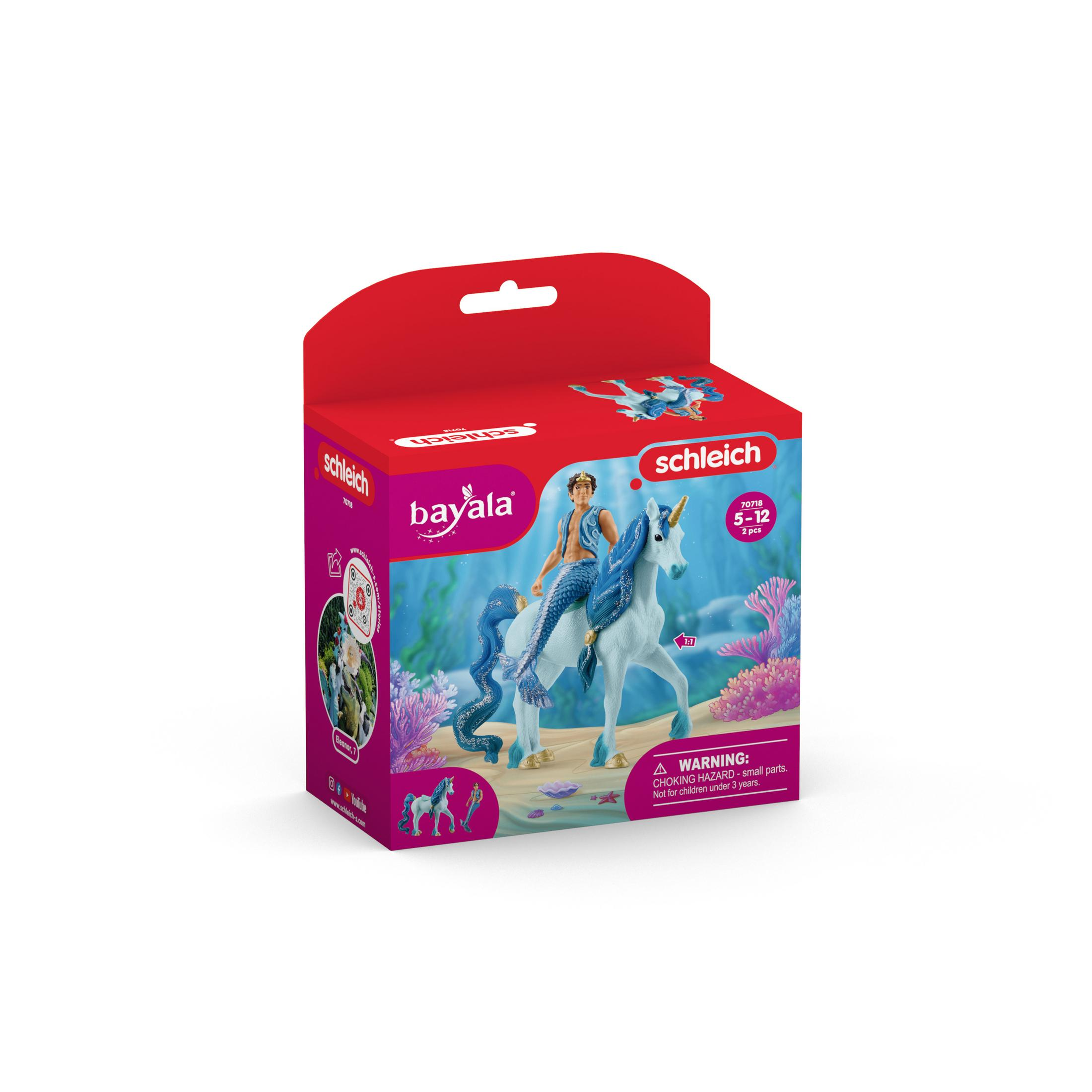 Eine Spielzeugkiste mit einer Meerjungfrau, die ein Einhorn reitet, mit Text von Bayala und Schleich.
