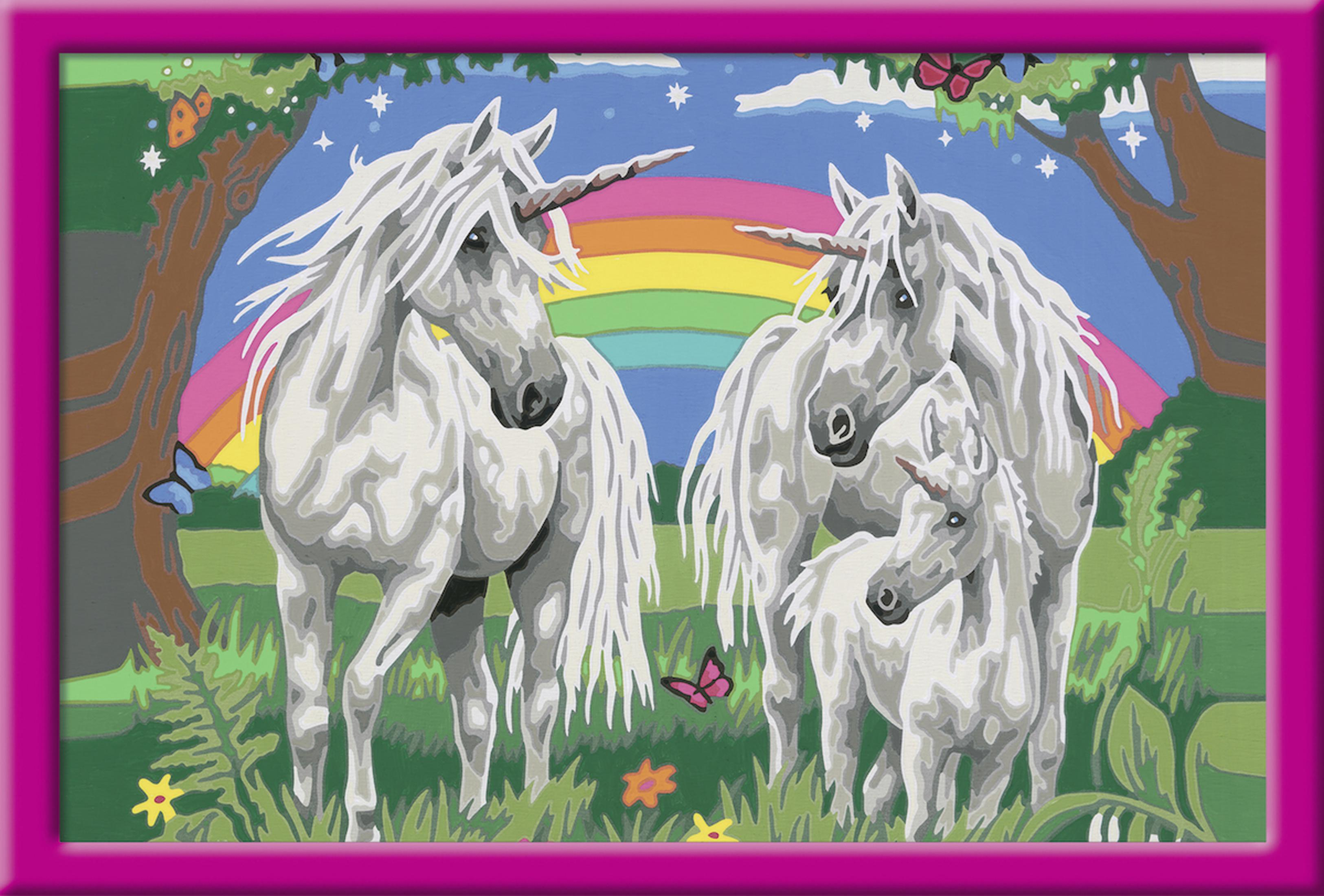 Gemälde von drei Einhörnern mit Regenbogen und Schmetterlingen in rosa Rahmen.