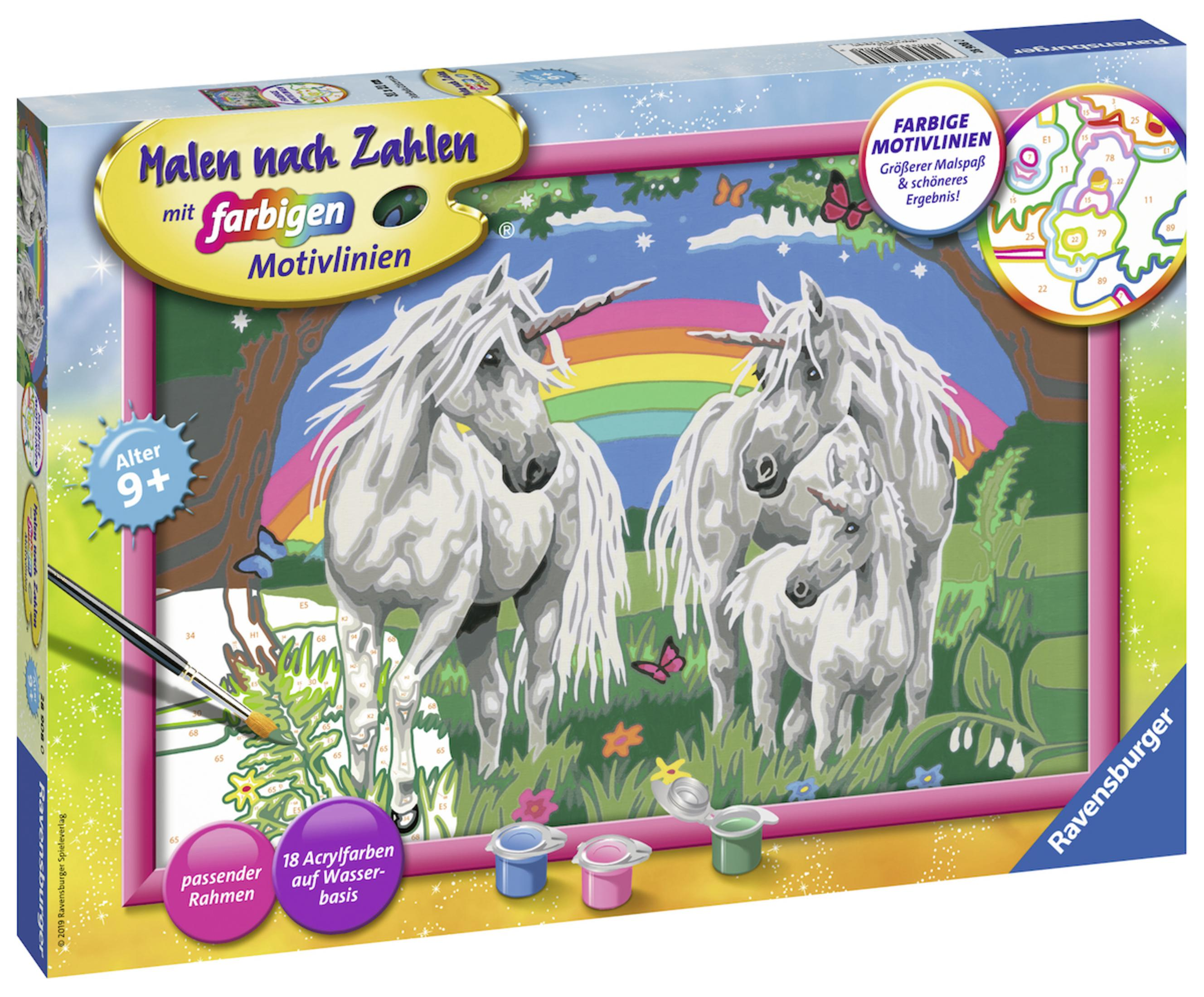 Ein Malen-nach-Zahlen-Set mit Einhörnern und einem Regenbogen. Das Set enthält Farbtöpfe, einen Pinsel und eine Leinwand.