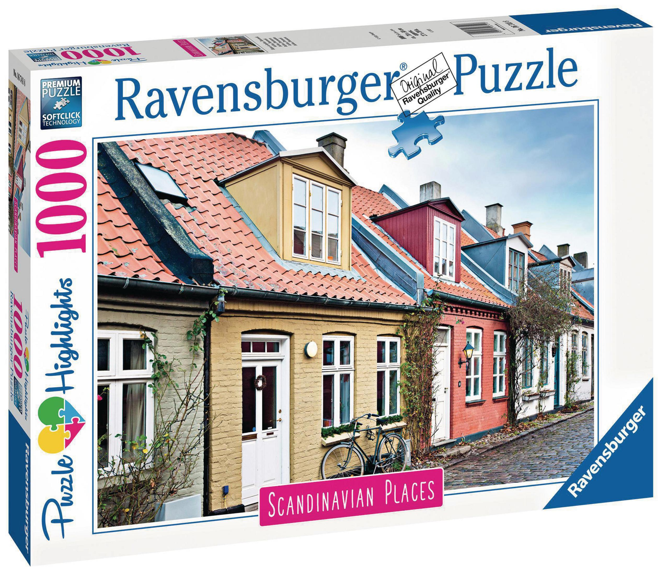 Ravensburger-Puzzle-Box mit einem Bild von bunten Häusern.