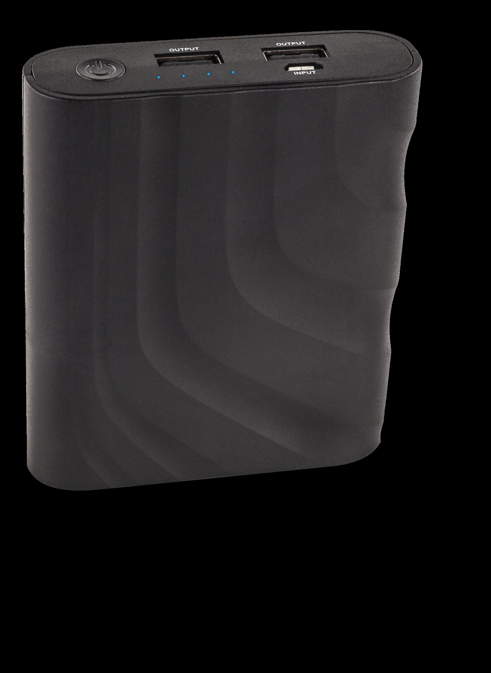 Schwarze portable Powerbank mit USB-Anschlüssen und einem Ein-Aus-Schalter.