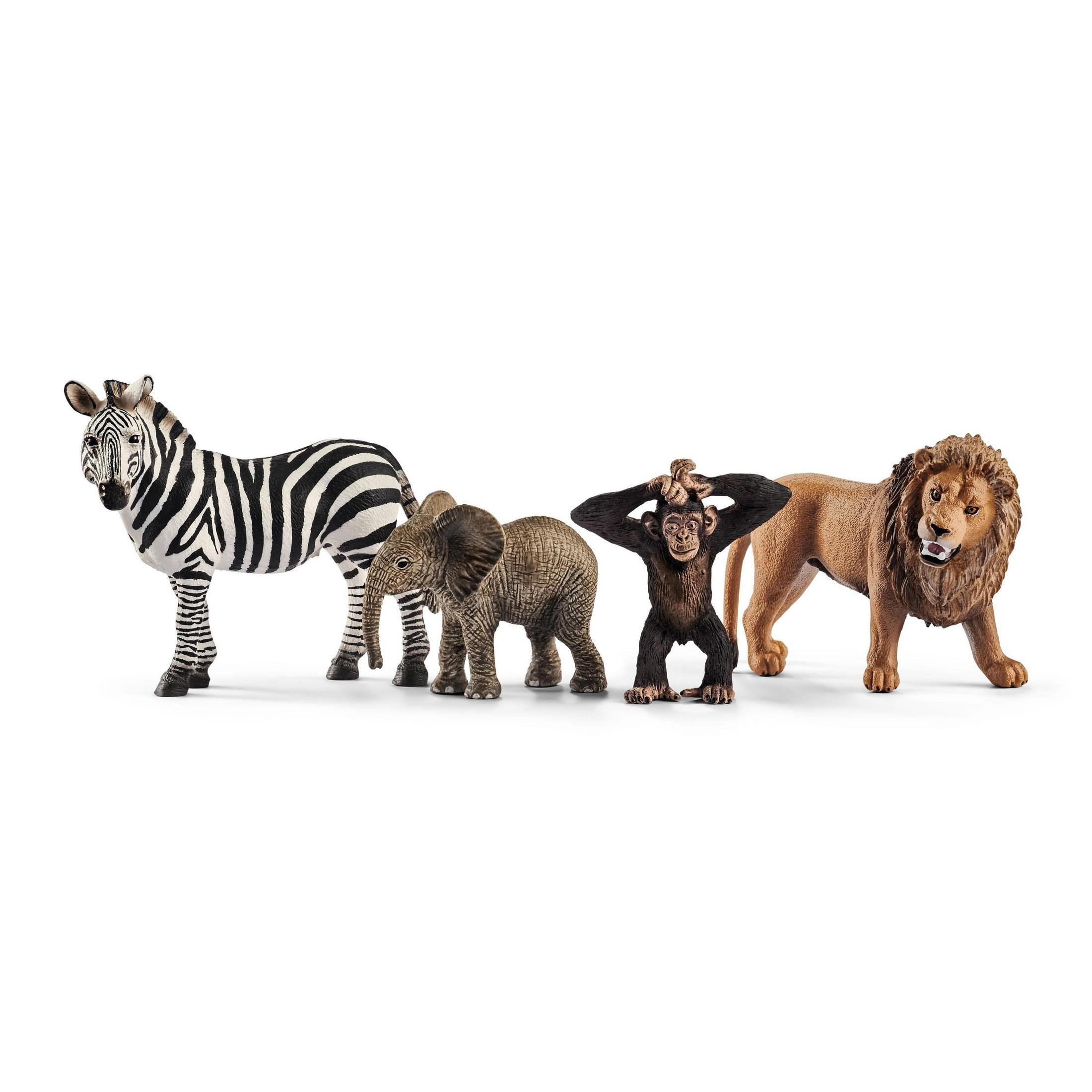 Eine Zebra-, Elefanten-, Affen- und Löwen-Spielfigur sind auf einer weißen Oberfläche aufgereiht.