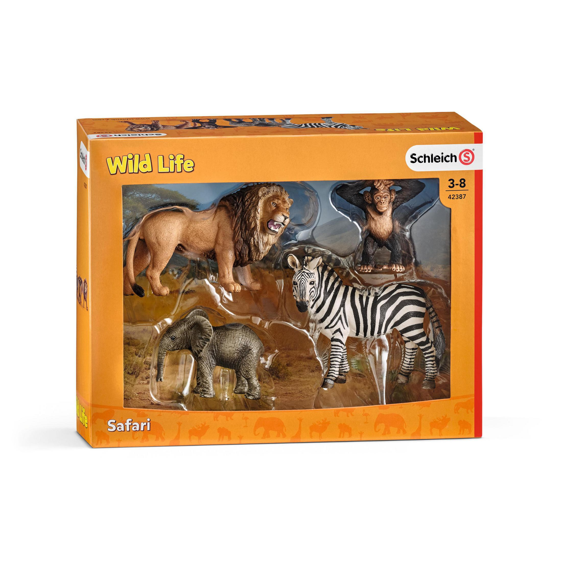 Boxed Safari-Spielzeugset mit Löwen-, Affen-, Zebra- und Elefantenfiguren.