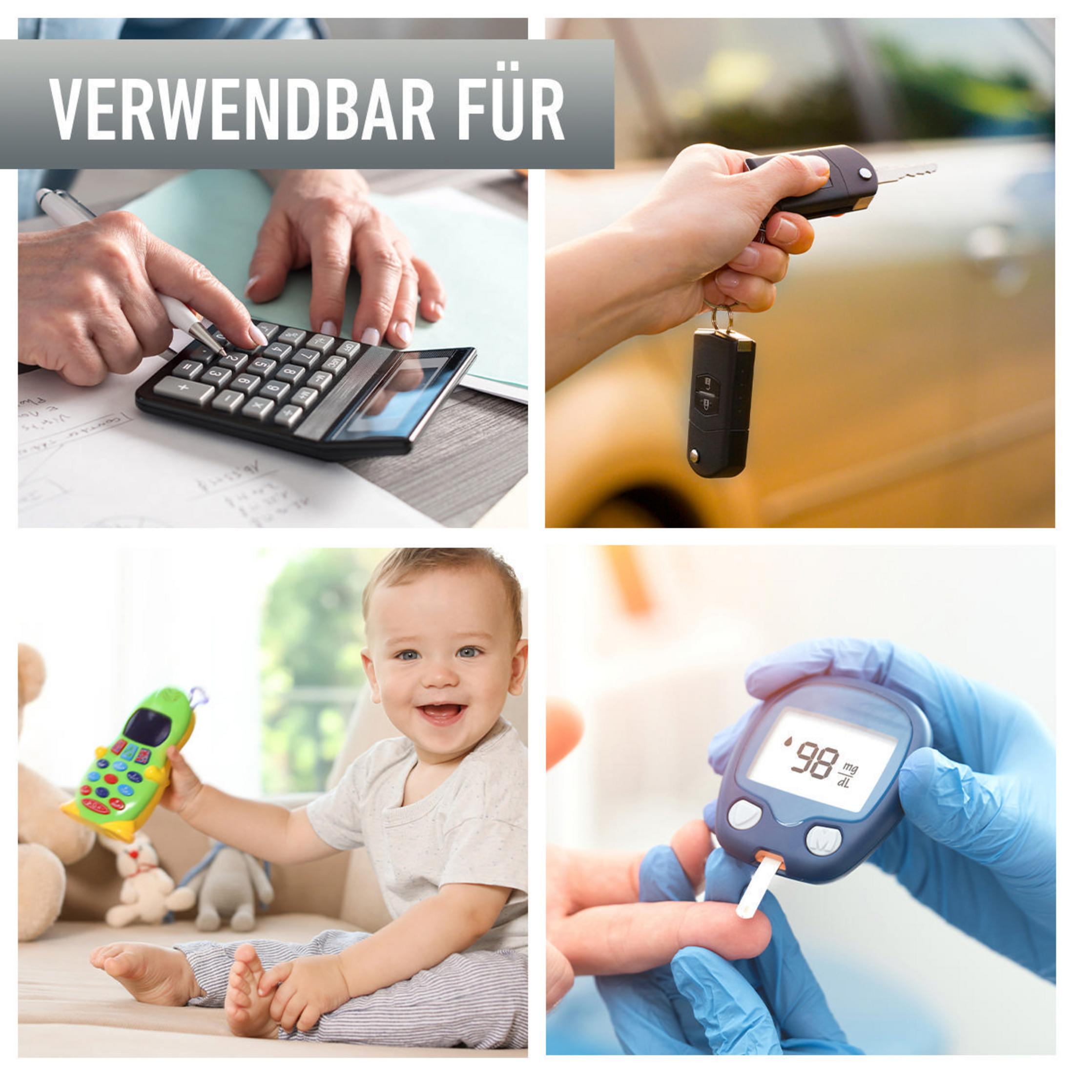 Cztery obrazy: Kalkulator, kluczyk do samochodu, dziecko z telefonem-zabawką i glukometr. Tekst: Verwendbar für.