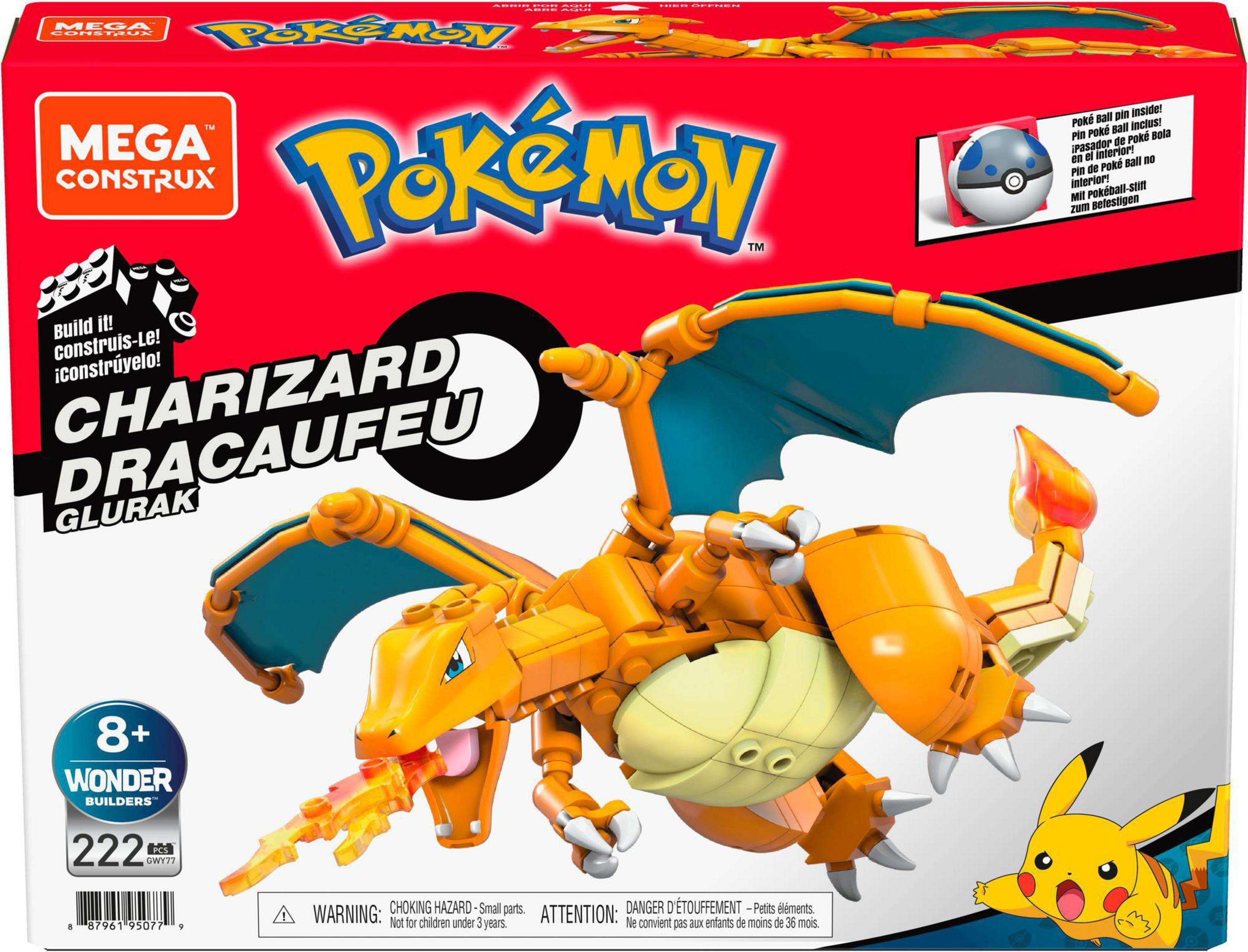 Zestaw pudełkowy Charizard Pokemon Mega Construx. Figurka Charizard jest z przodu. Pikachu jest w prawym dolnym rogu.