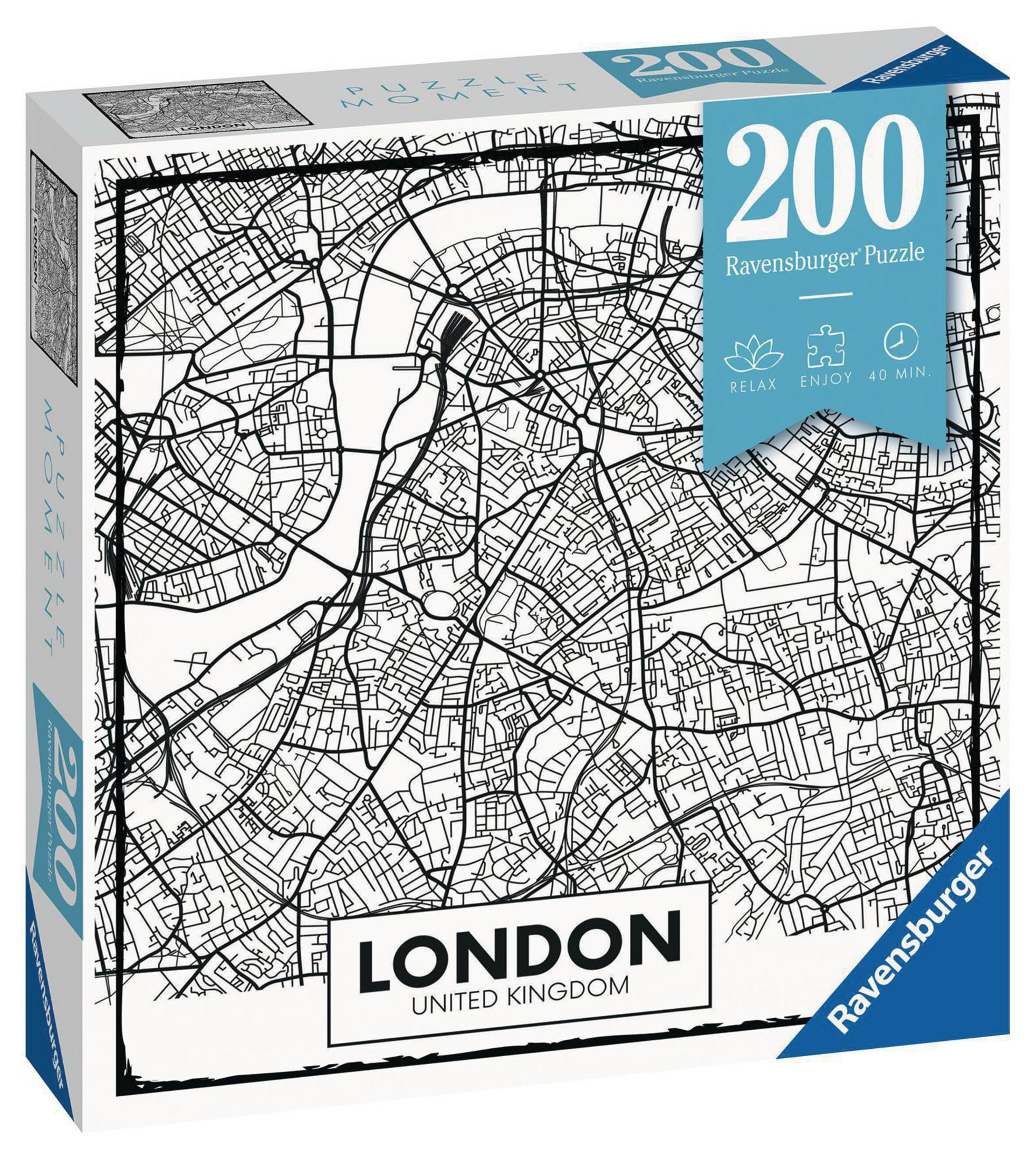 Puzzle-Box mit einer schwarz-weißen Karte von London, mit dem Stadtnamen.