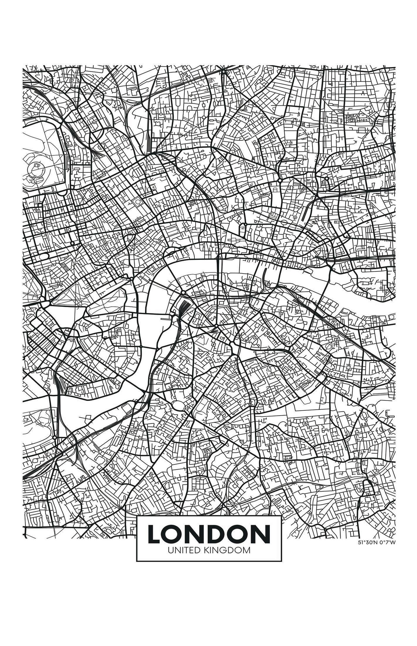 Schwarz-Weiß-Karte von London mit dem Stadtnamen in einem weißen Rechteck.