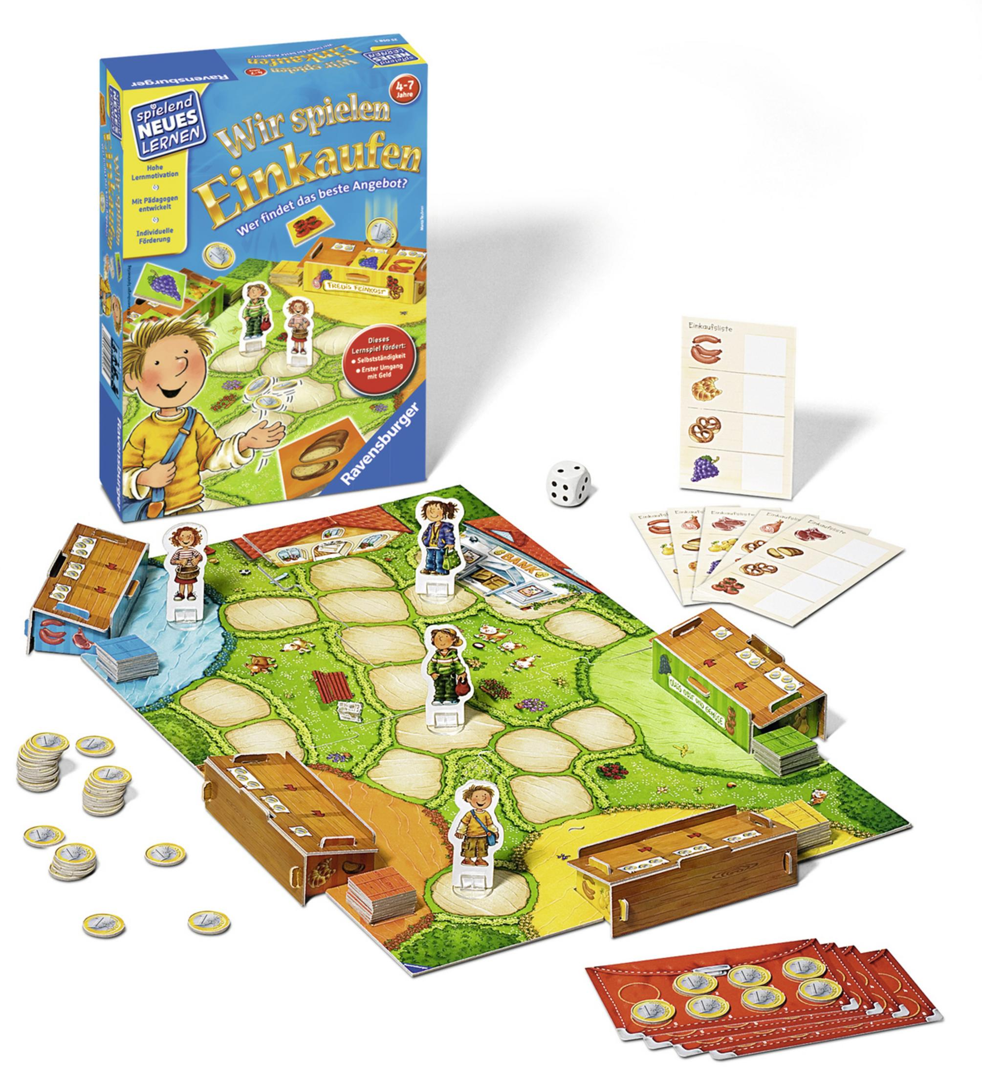 Kinderspiel mit einer Ladenszene, mit einer Schachtel und Spiellementen, die herum verstreut sind.