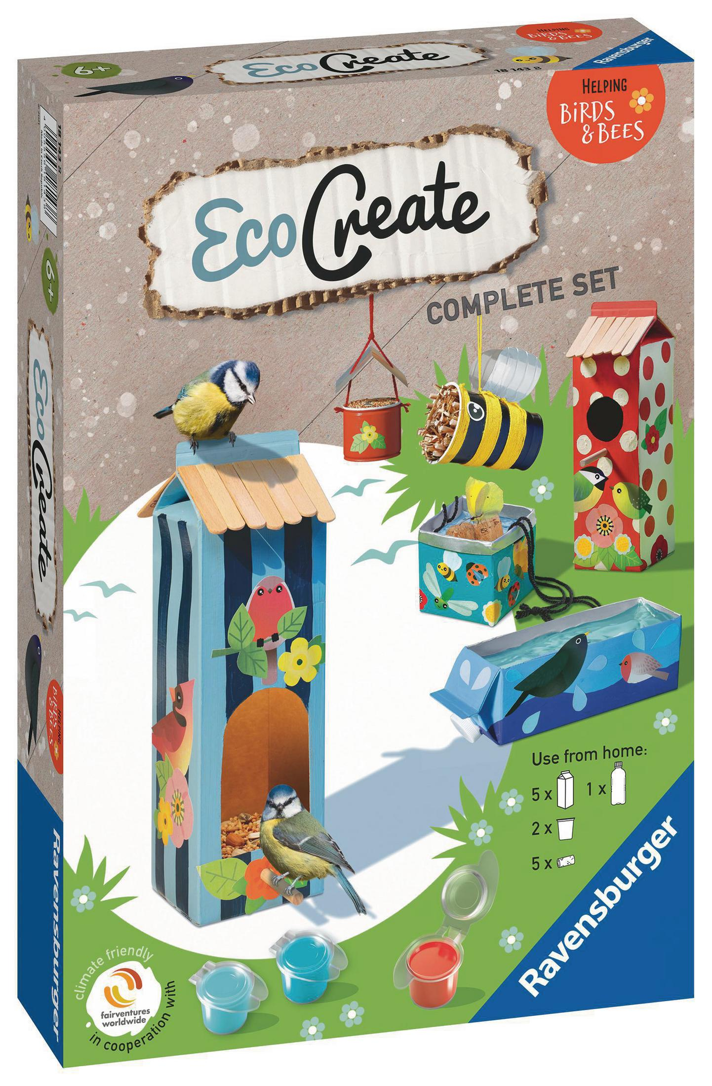 Ein Box-Set eines Eco Create-Kits. Es enthält Vogelhäuser und Malutensilien. Auf der Box sind Vögel abgebildet.