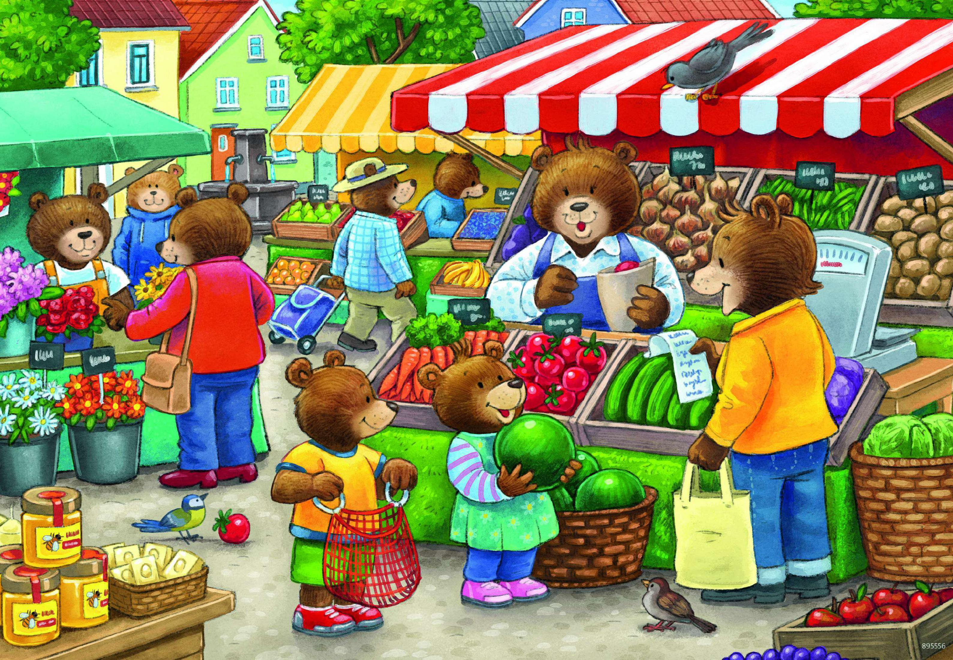 Eine Bärenfamilie auf einem Markt, die Produkte kauft und verkauft. Bunte Stände und ein Vogel sind sichtbar.
