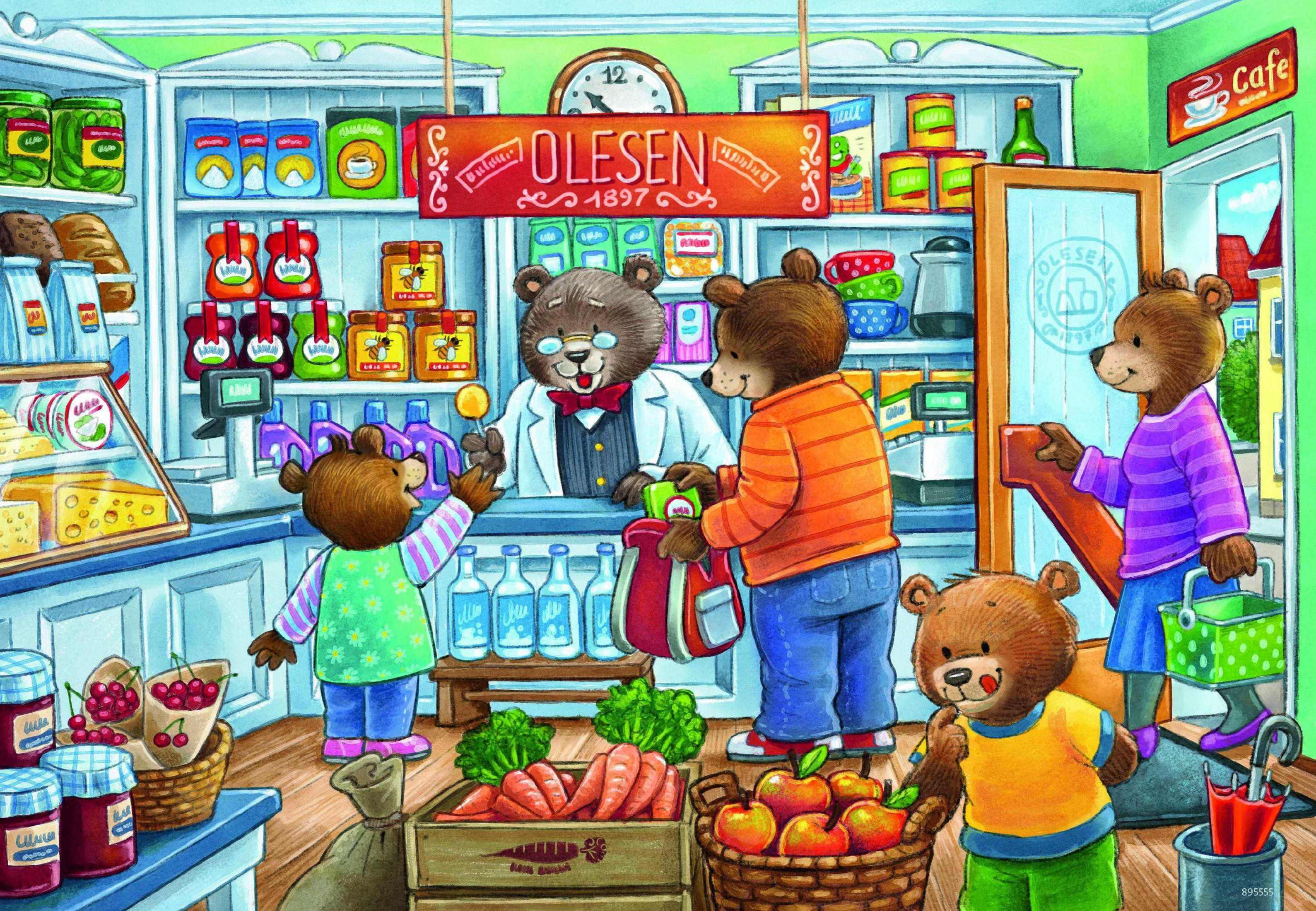 Illustration einer Bärenfamilie beim Einkaufen in einem Lebensmittelgeschäft.