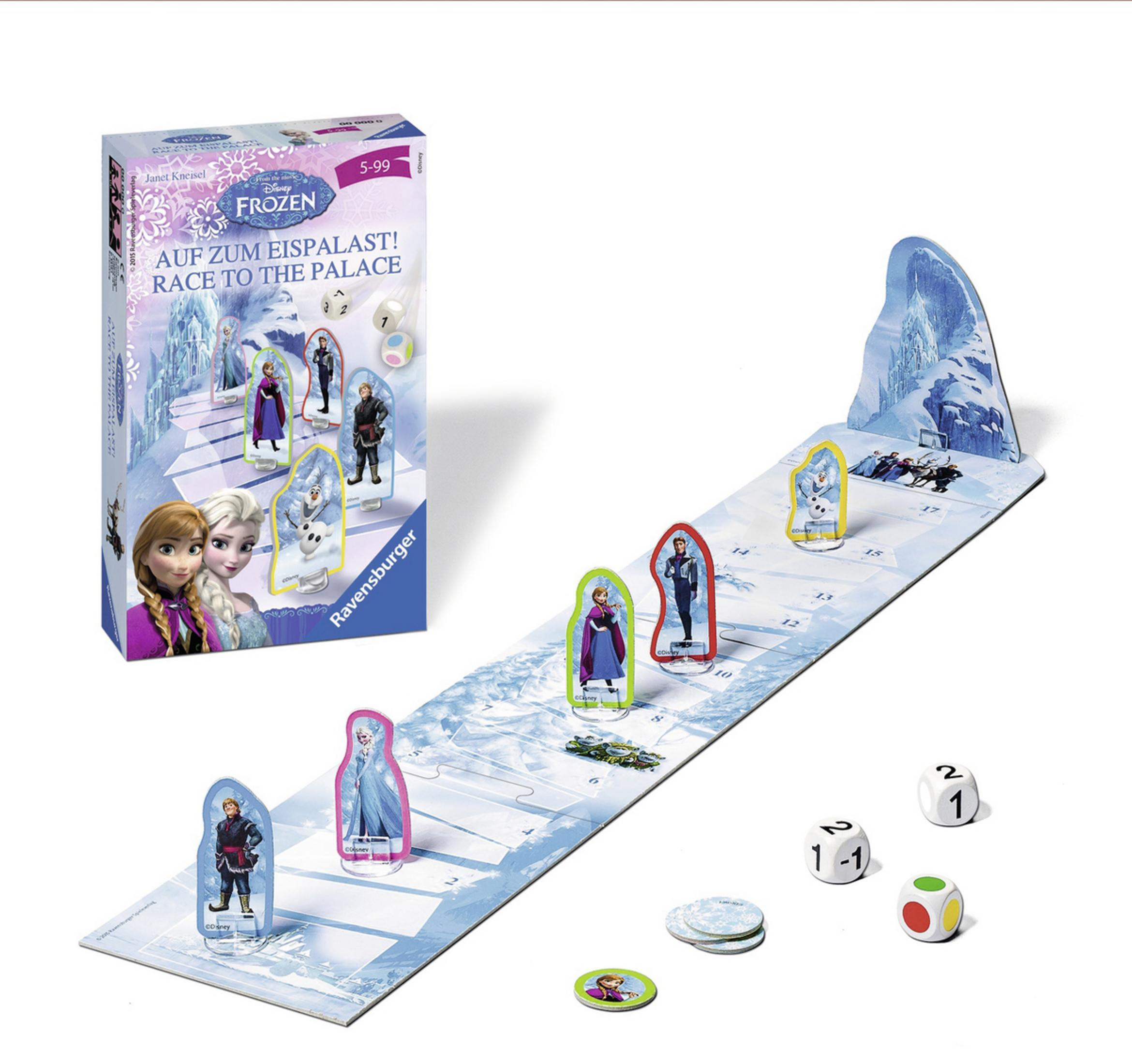 Ein Frozen-Brettspiel mit Figuren von Charakteren. Das Spiel heißt Race to the Palace.