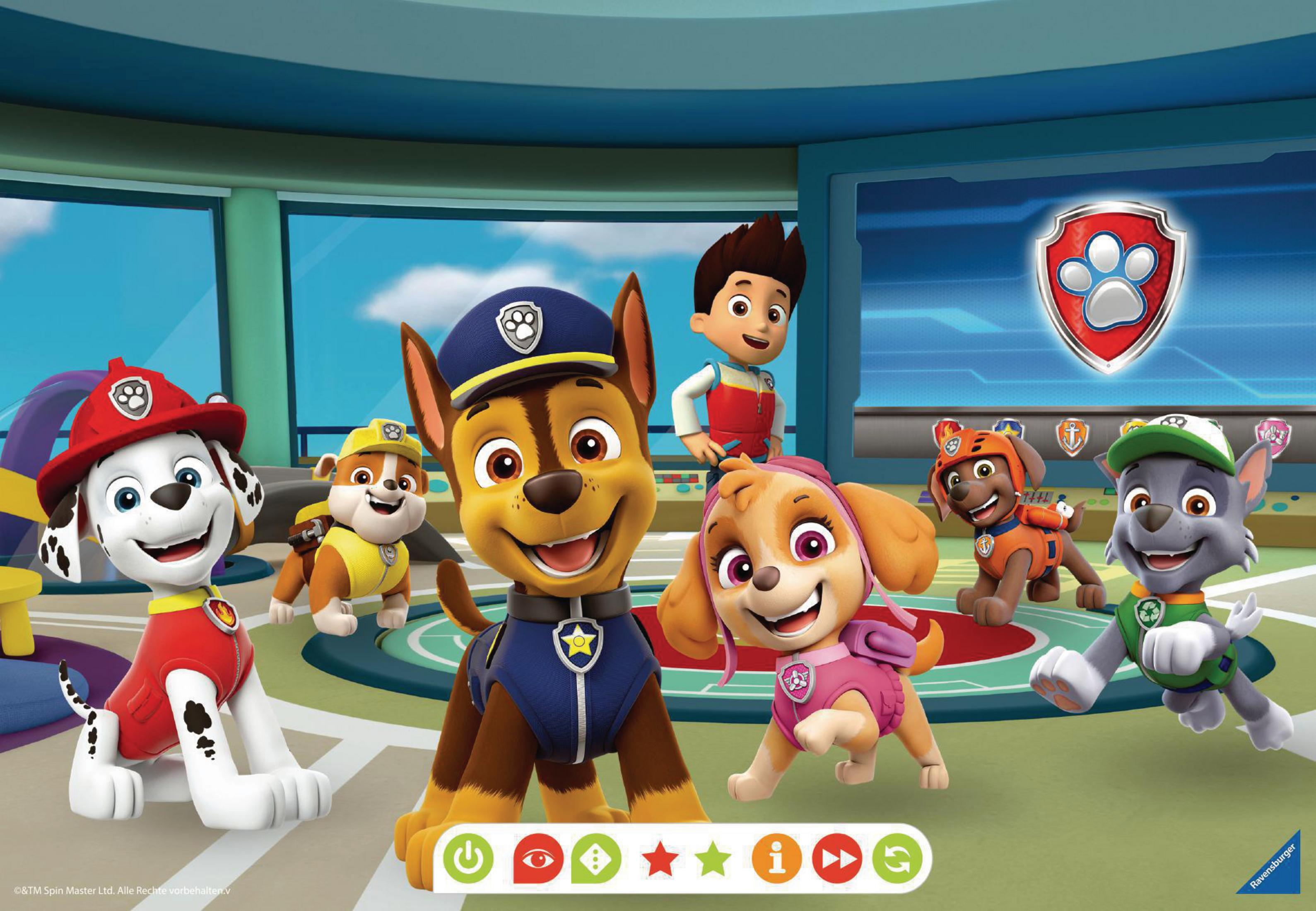 Paw Patrol Charaktere zusammen in einem Raum. Farbenfroher Cartoon-Stil.