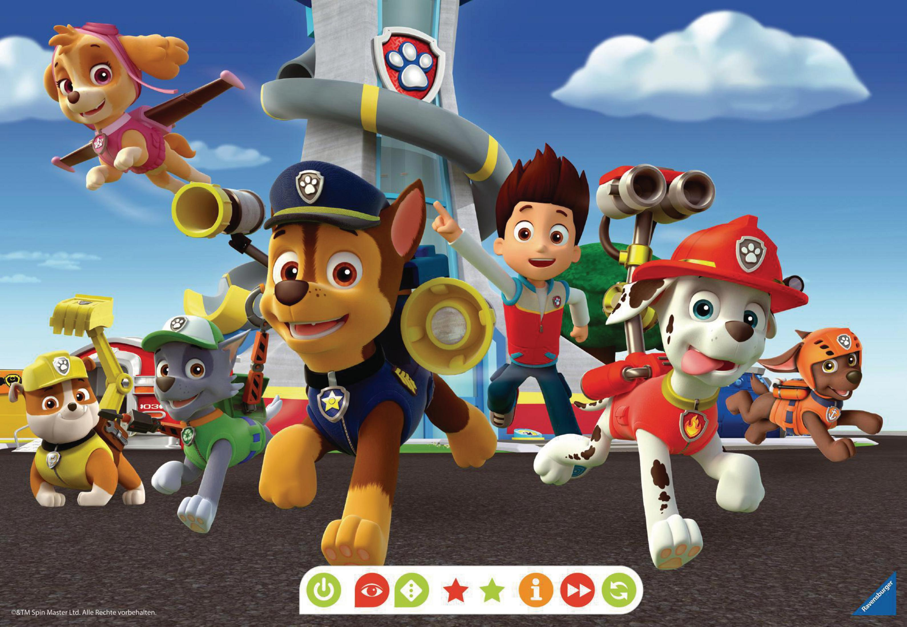 Paw Patrol Charaktere rennen und springen. Cartoon-Stil, blauer Himmel.