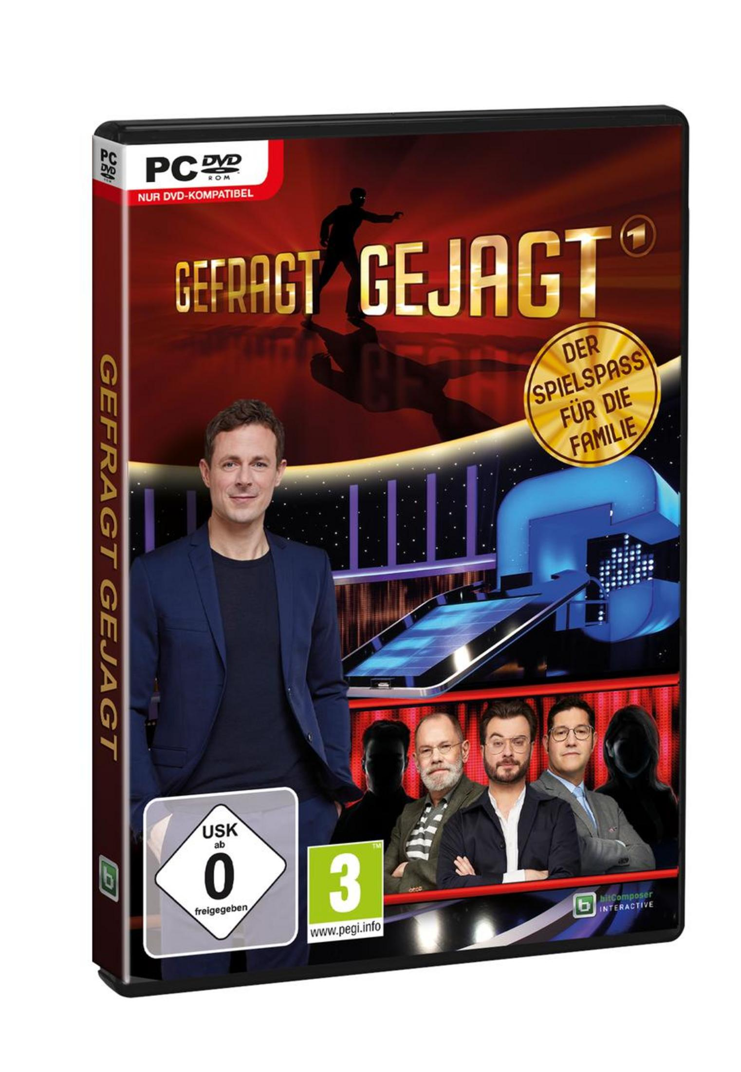 Spielhülle für 'Gefragt Gejagt' mit Mann im Anzug und Spielshow-Kulisse.
