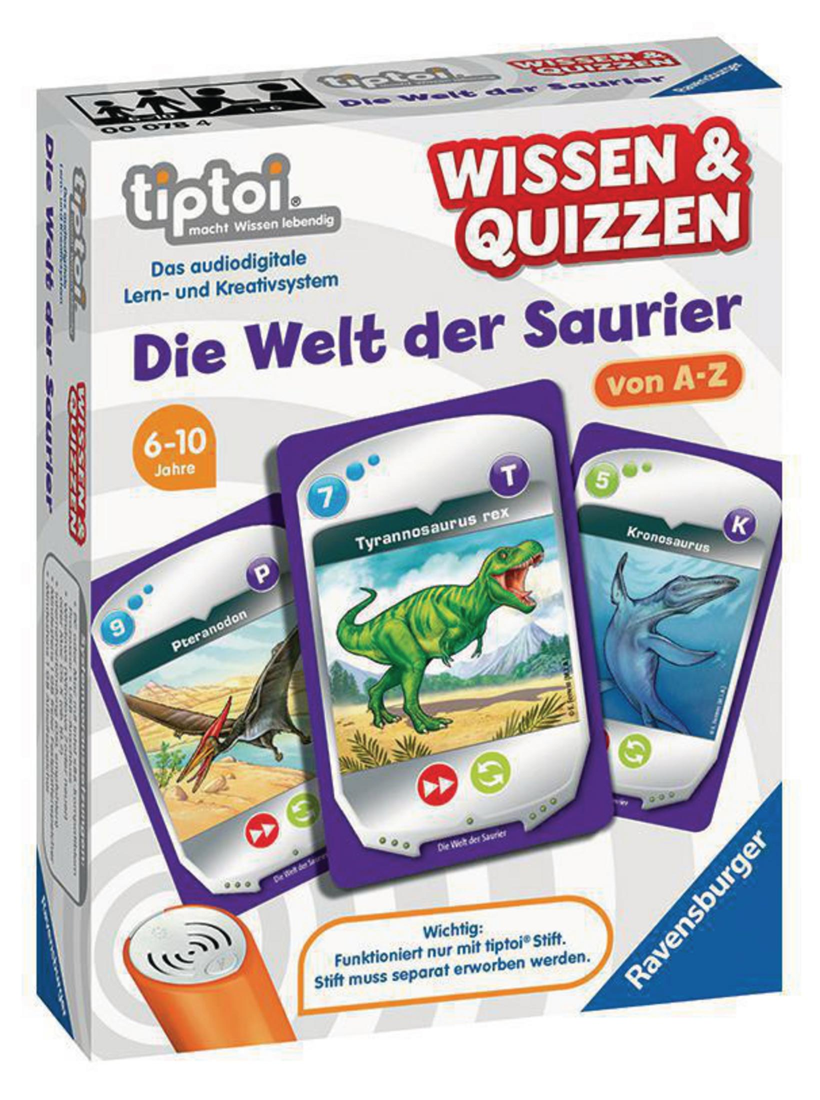 Tiptoi-Spielbox mit Dinosaurierkarten, Stift und Karten. Weißer Hintergrund.