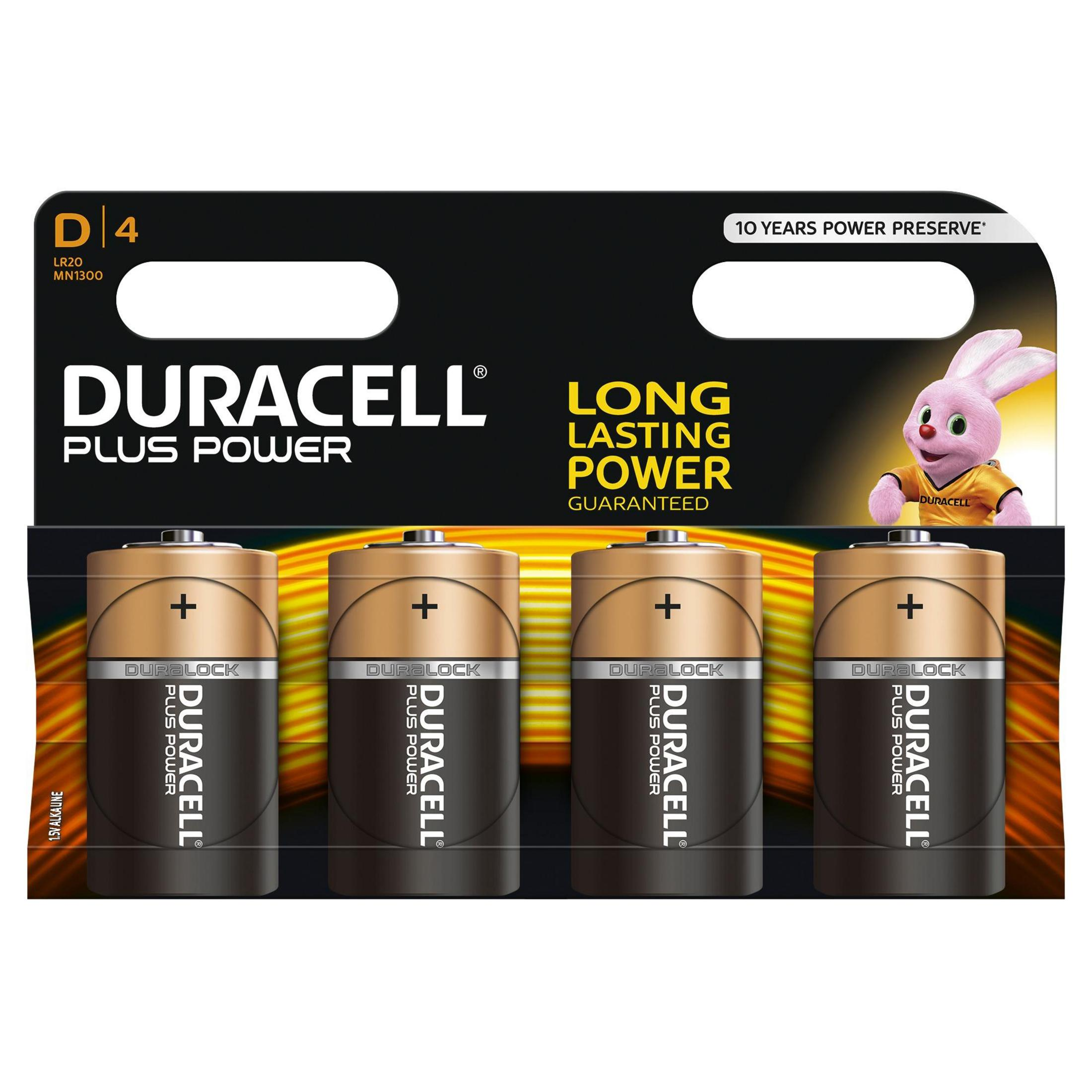 Un pacco di quattro batterie Duracell con un coniglietto rosa e le parole 'Plus Power'.