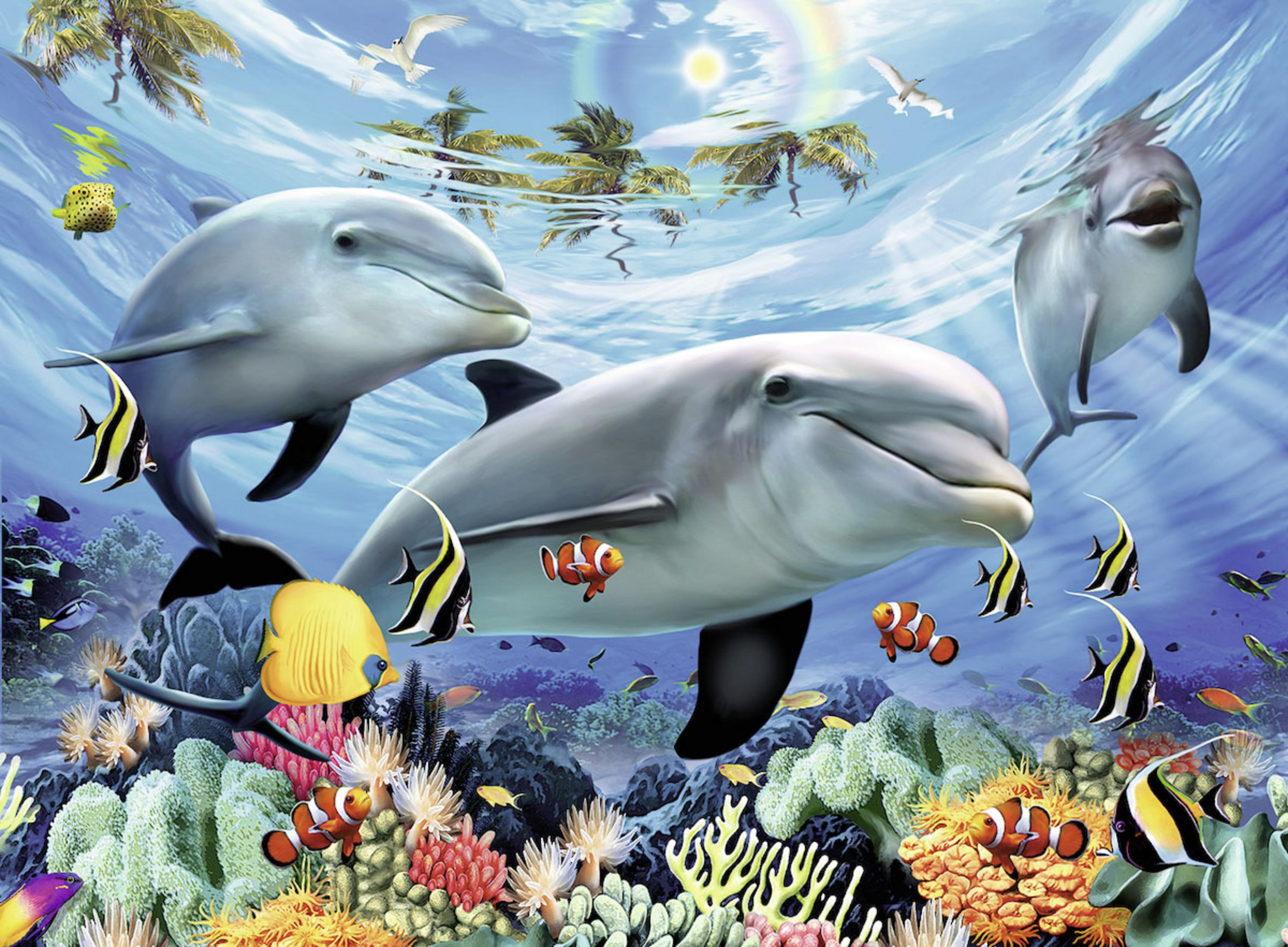 Delfine schwimmen unter Wasser, umgeben von verschiedenen Fischen und Korallen. Die Szene ist farbenfroh und lebendig.