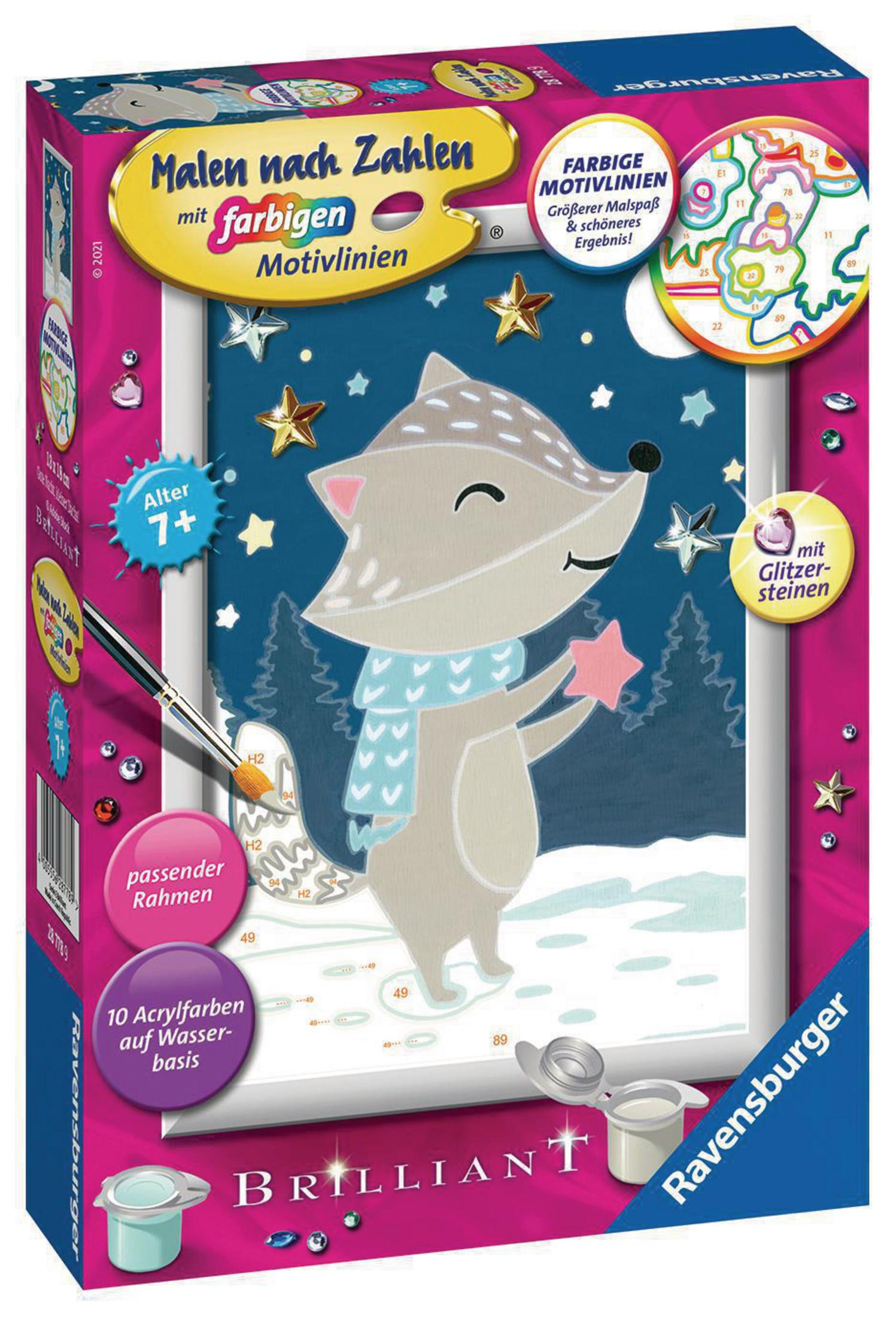 Eine Malen-nach-Zahlen-Kit-Box mit einem Cartoon-Fuchs, Sternen und einer verschneiten Winterszene.