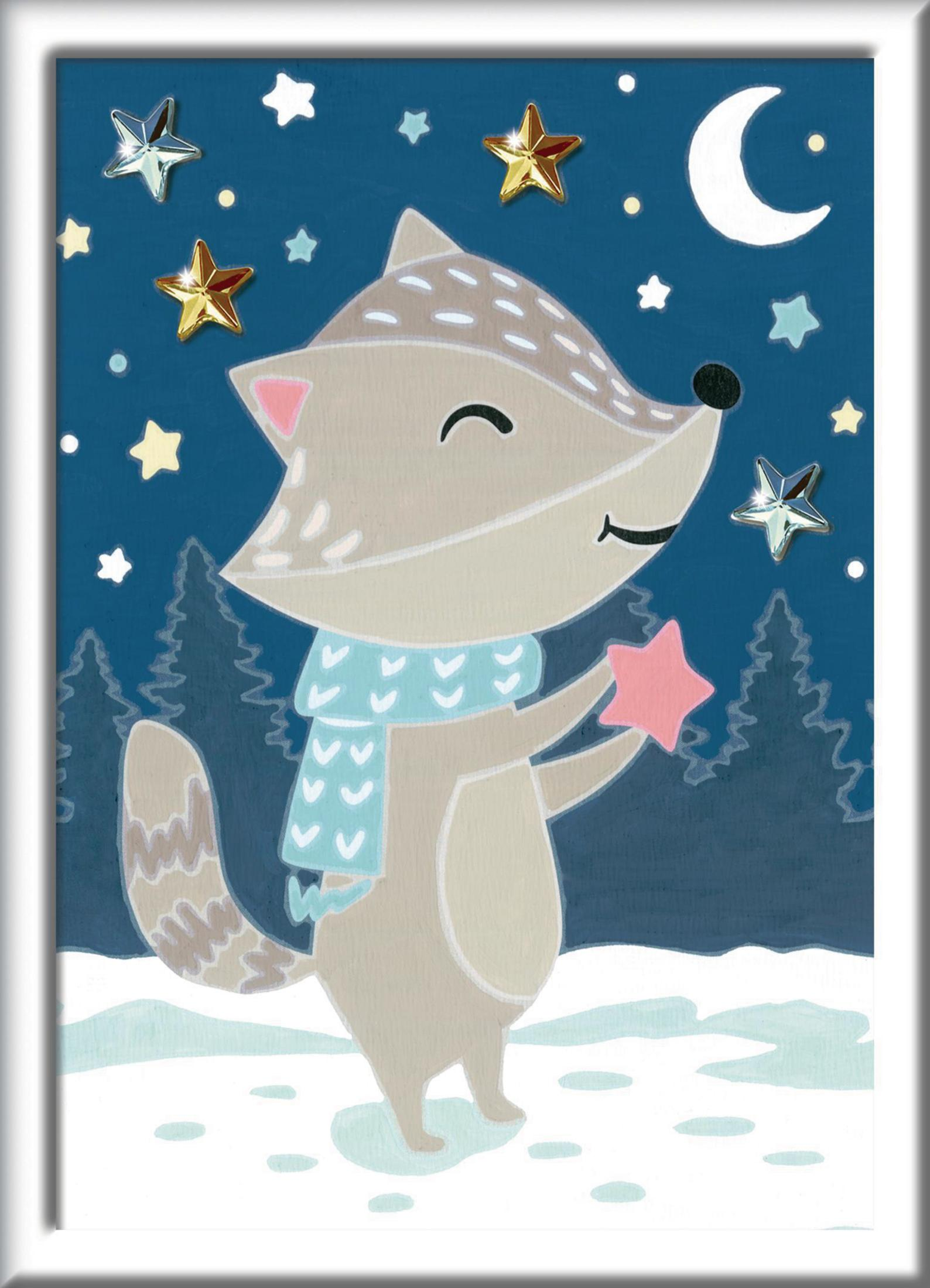 Ein Cartoon-Fuchs mit Schal hält einen Stern unter einem Nachthimmel mit Sternen und Mond.