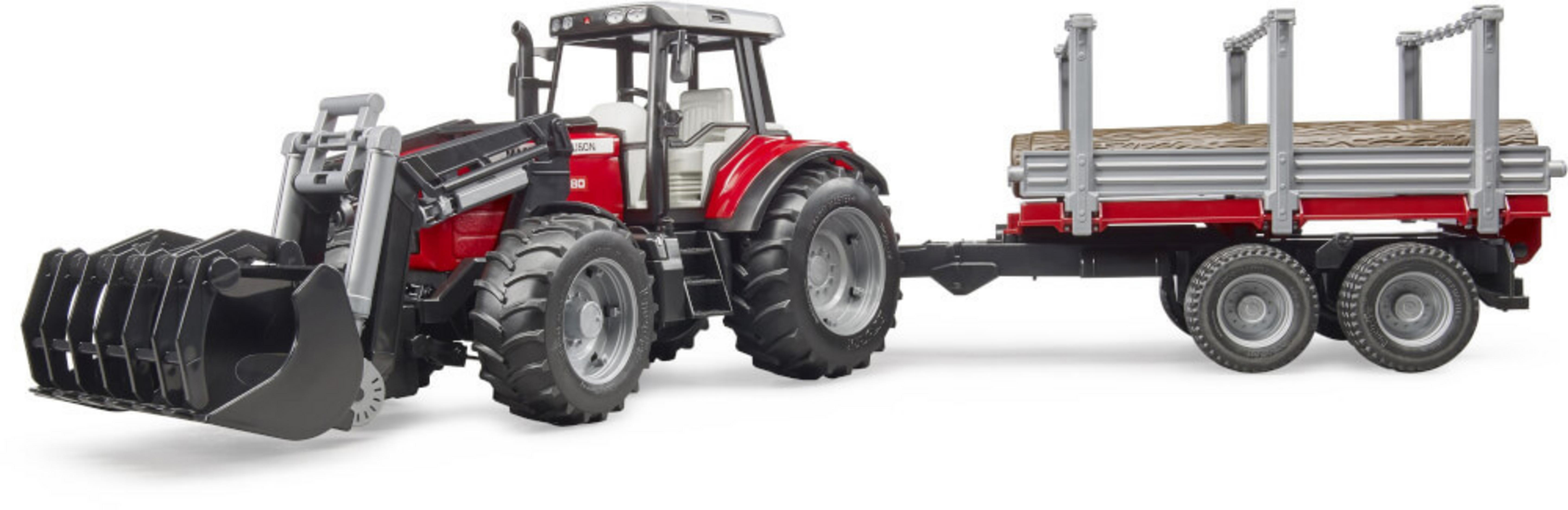 Czerwony i biały traktor z przyczepą do przewozu kłód.