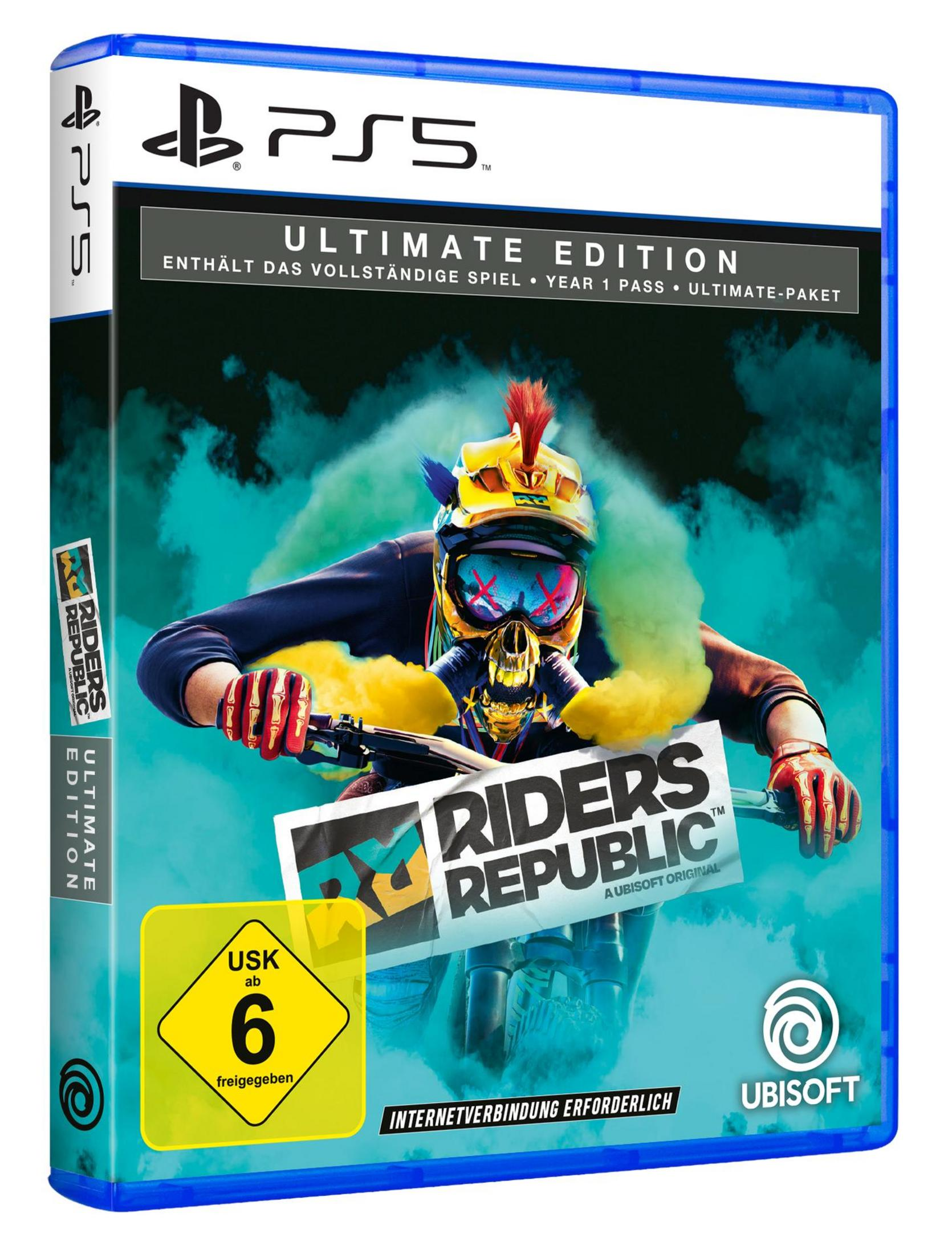 PS5-Spielbox: Riders Republic, Ultimate Edition. Zeigt einen Biker mit Helm und einer gelben Wolke.
