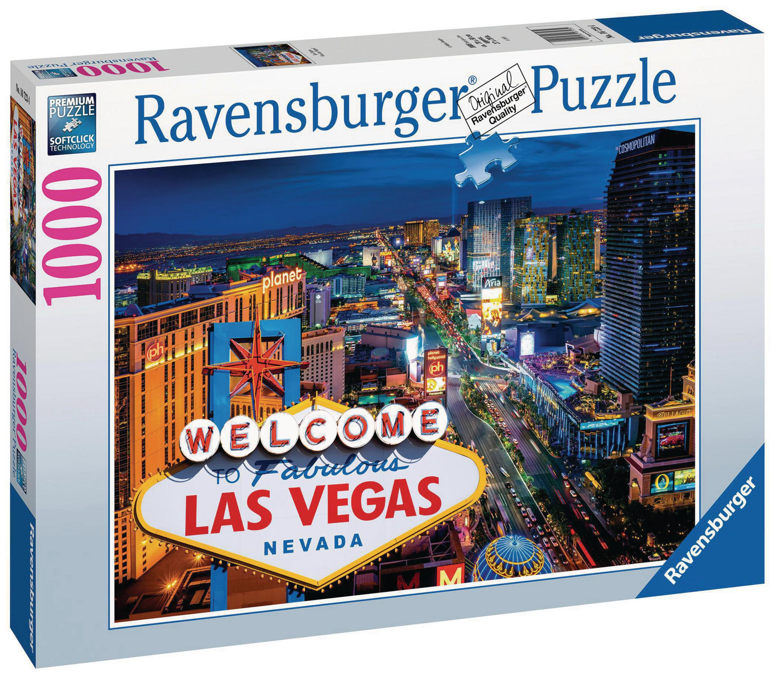 Willkommen in Las Vegas Puzzleschachtel. Die Schachtel zeigt eine Nachtansicht der Stadt.
