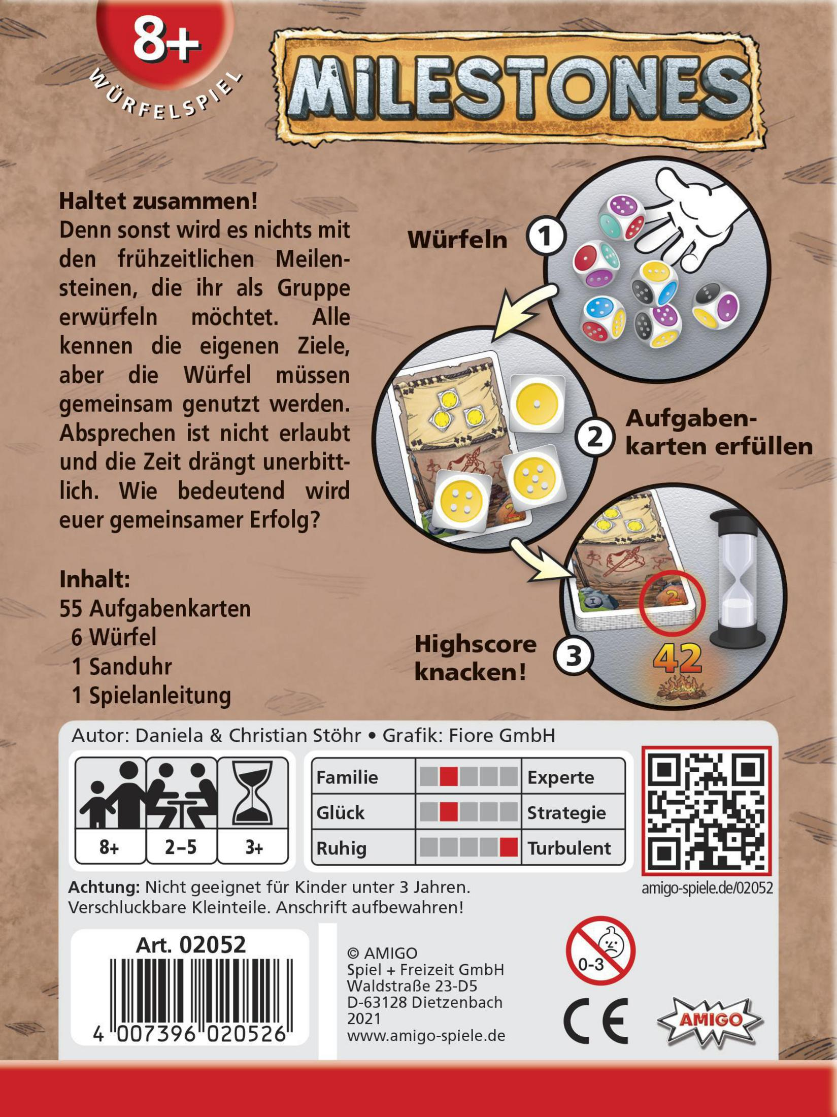 Die Rückseite einer Brettspielbox mit Text und Illustrationen zum Spiel.