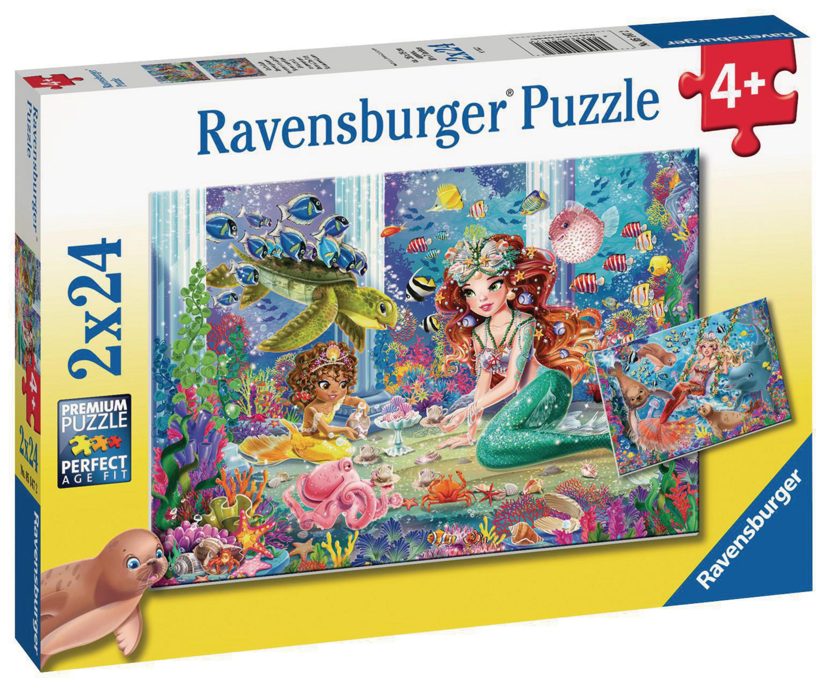 Boîte de puzzle Ravensburger avec sirène et créatures marines. Pièces de puzzle visibles. La boîte a un symbole de pièce rouge.
