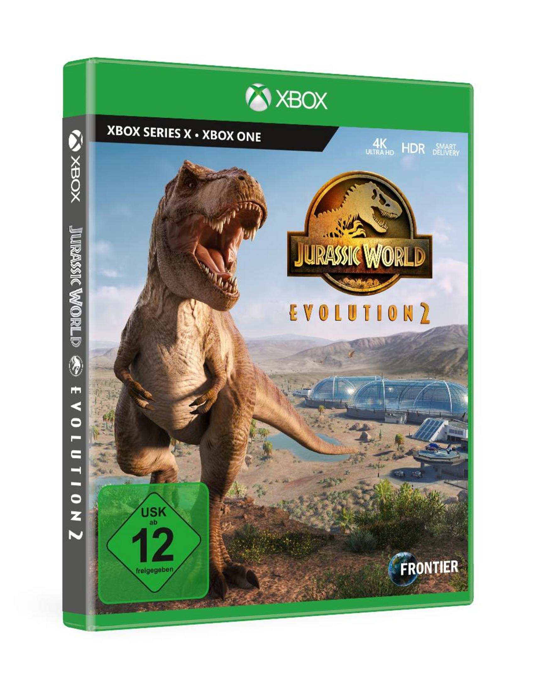 Xbox-Spielbox, Jurassic World Evolution 2, mit einem Dinosaurier und Logo.