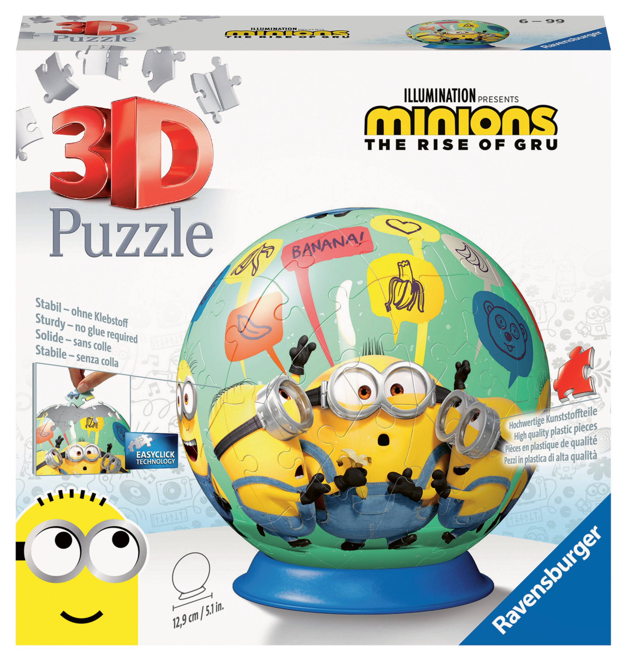 Puzzle 3D z Minionkami w kształcie kuli, z postaciami z Minionków i pudełkiem.