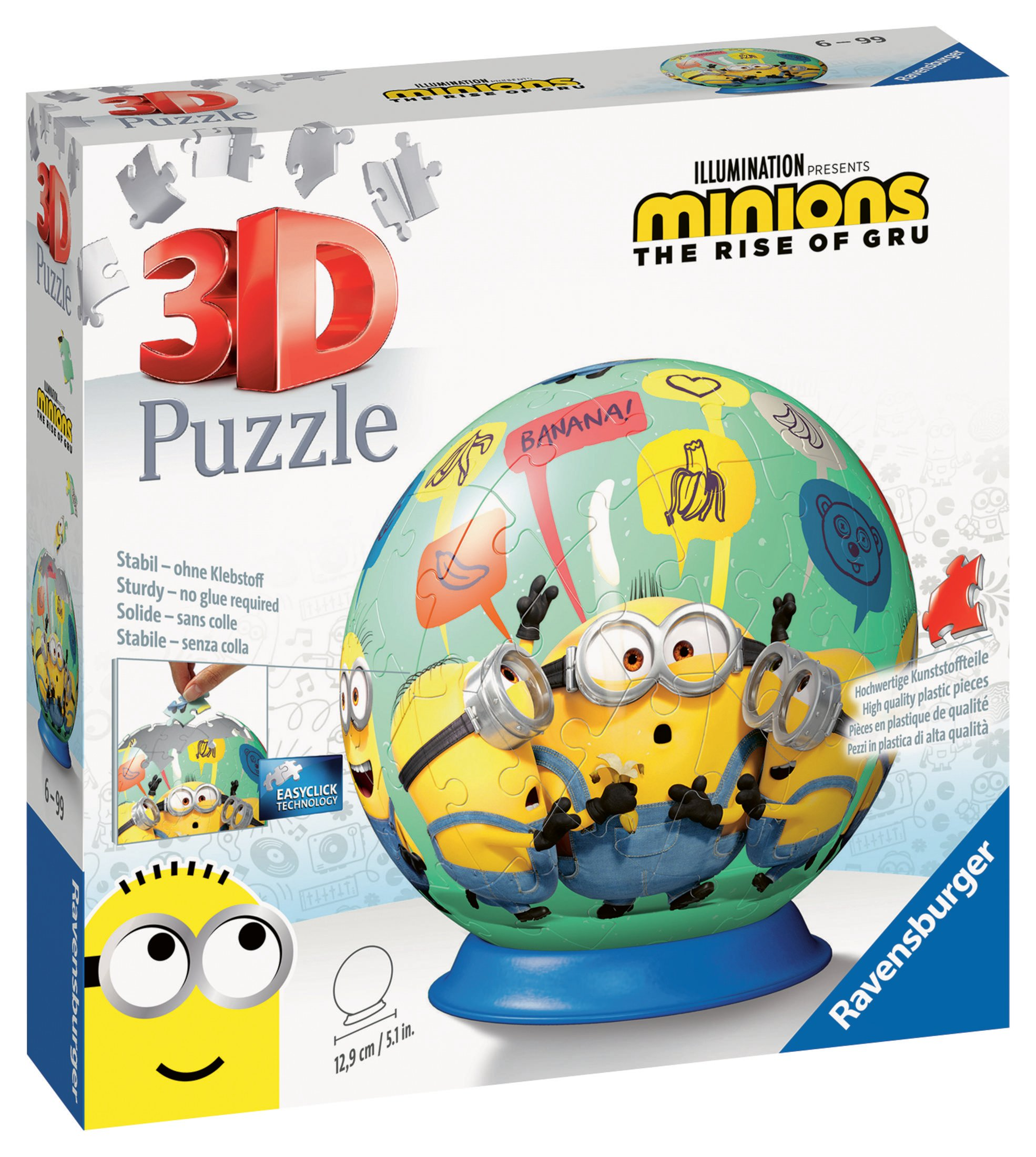 Puzzle 3D Minionki w pudełku. Pokazuje Minionki na puzzlach w kształcie kuli. Pudełko ma Minionki i tekst.