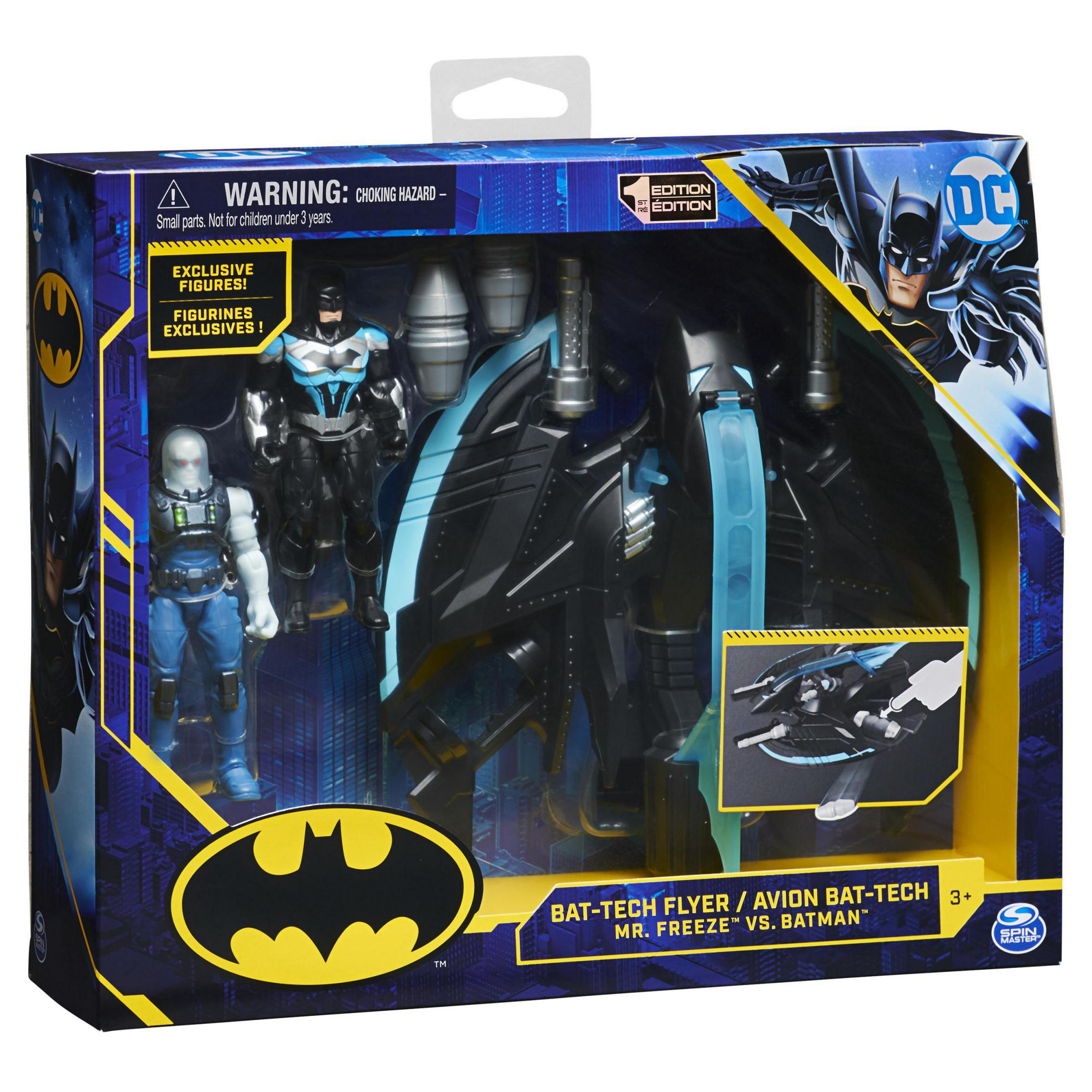 Ein verpacktes Batman-Spielzeugset mit Batman- und Mr. Freeze-Figuren und einem Bat-Tech Flyer.