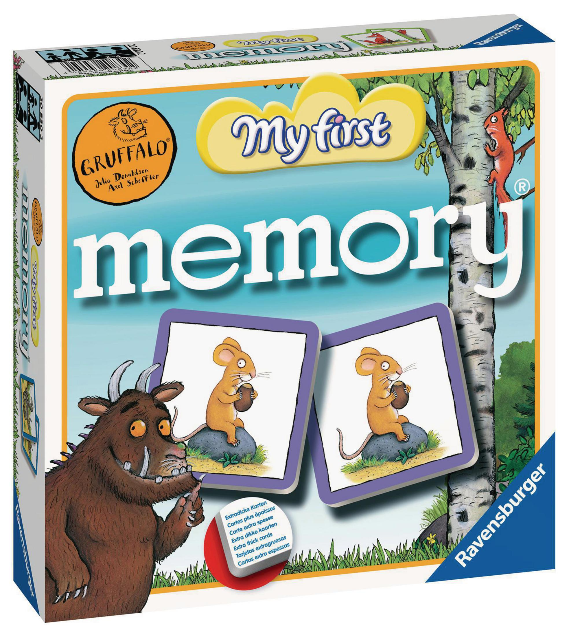 Eine Memory-Spielbox mit einem Gruffalo-Bild. Zwei Karten zeigen eine Maus, die eine Nuss hält. Die Box ist weiß.