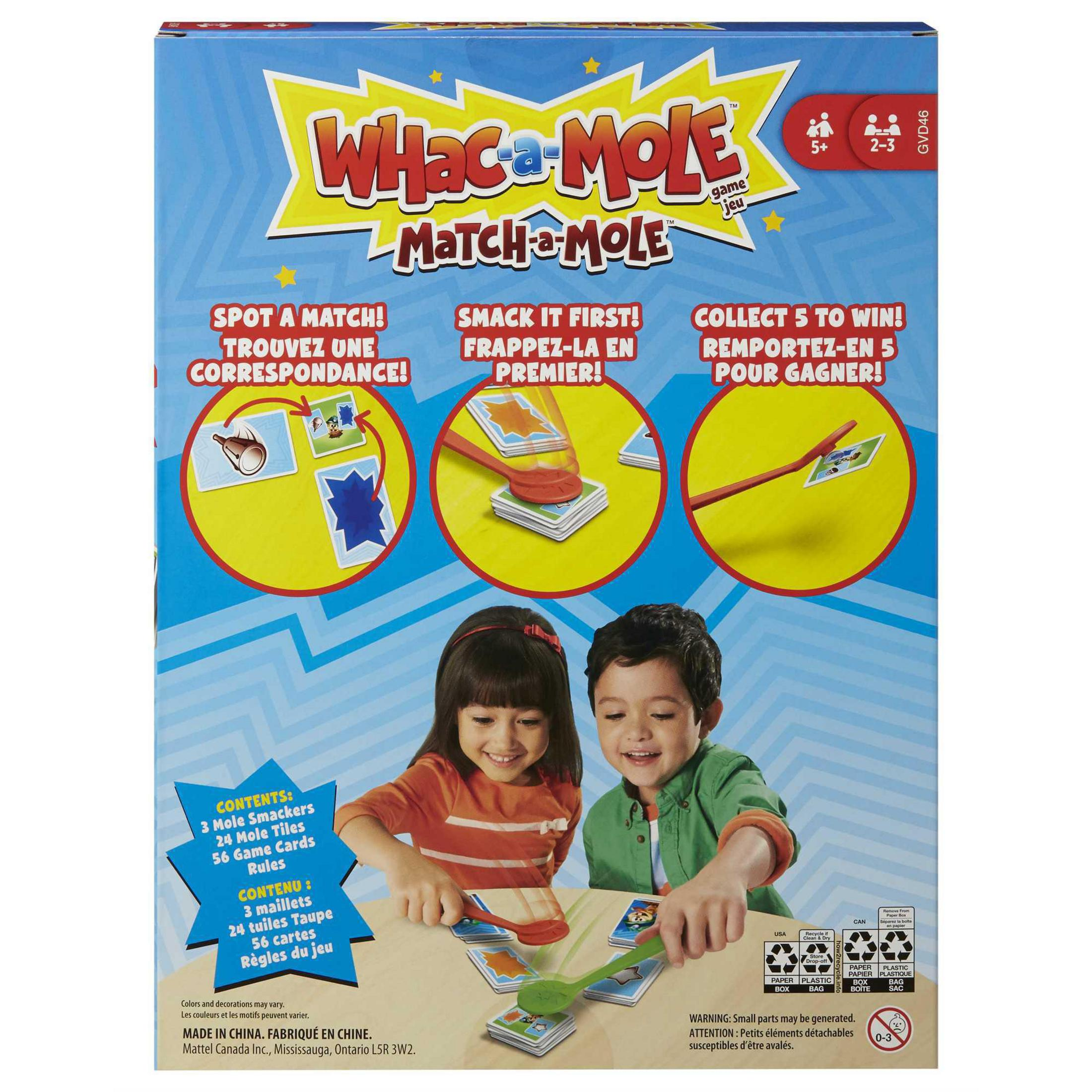 Whac-a-Mole-Spielbox. Zwei Kinder spielen mit dem Spiel. Die Box zeigt das Spiel und die Regeln. Es ist auf weißem Hintergrund.