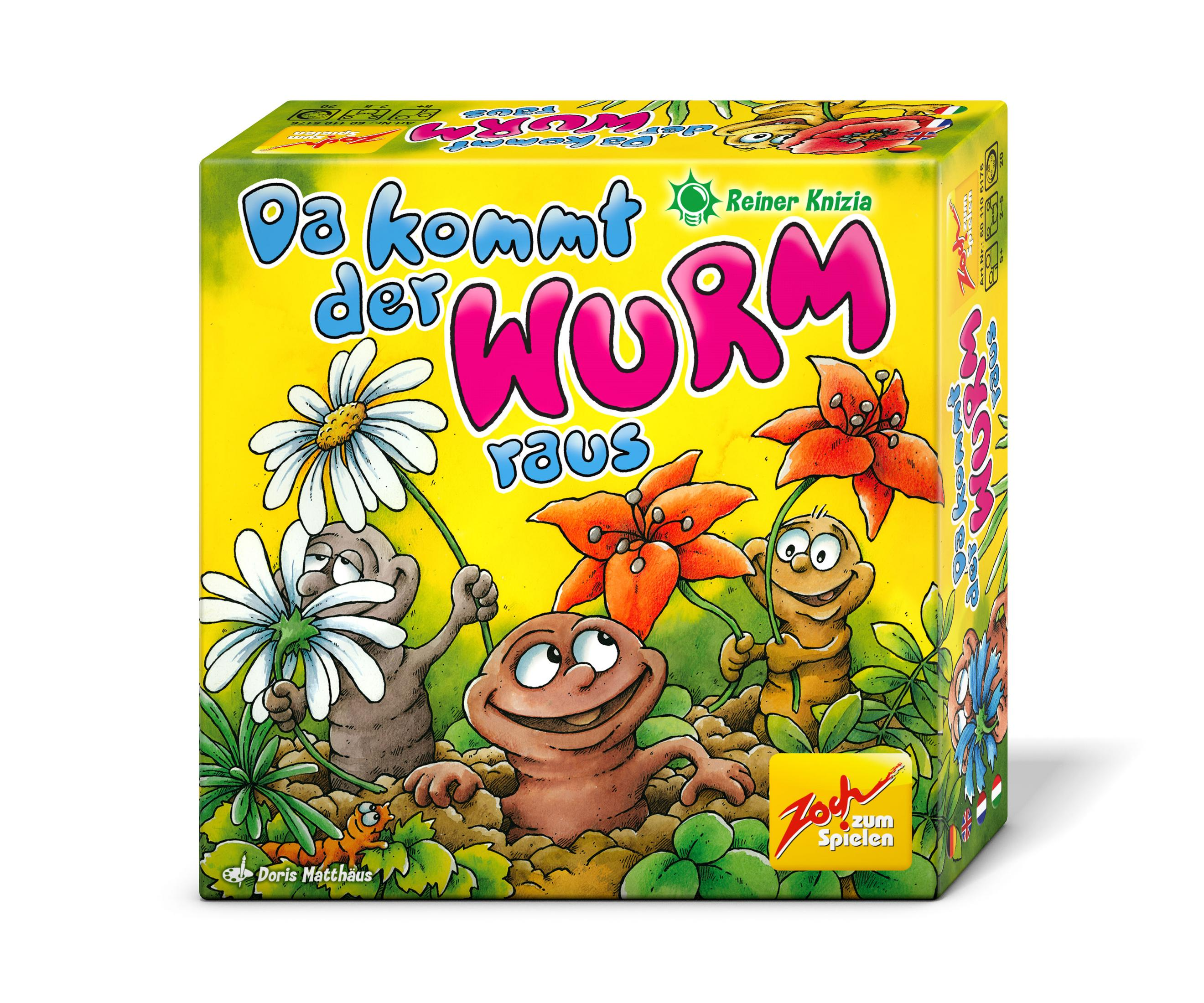 Spielbox: Ein grüner Wurm im Boden, umgeben von Blumen und zwei Cartoon-Würmern.